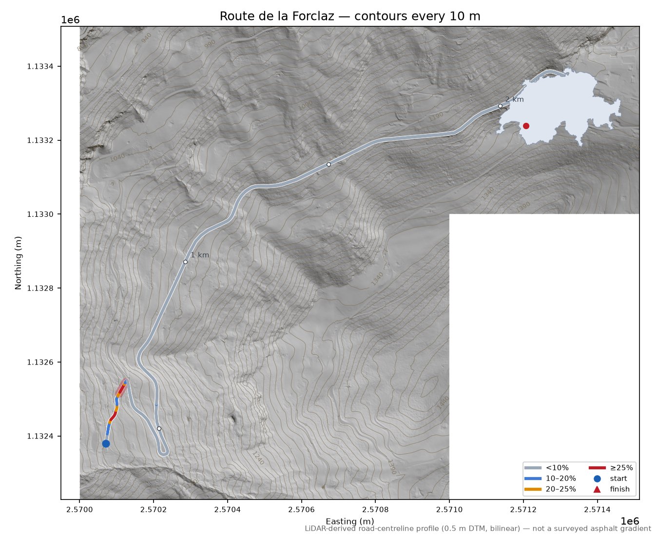 Route de la Forclaz LiDAR hillshade map with contours