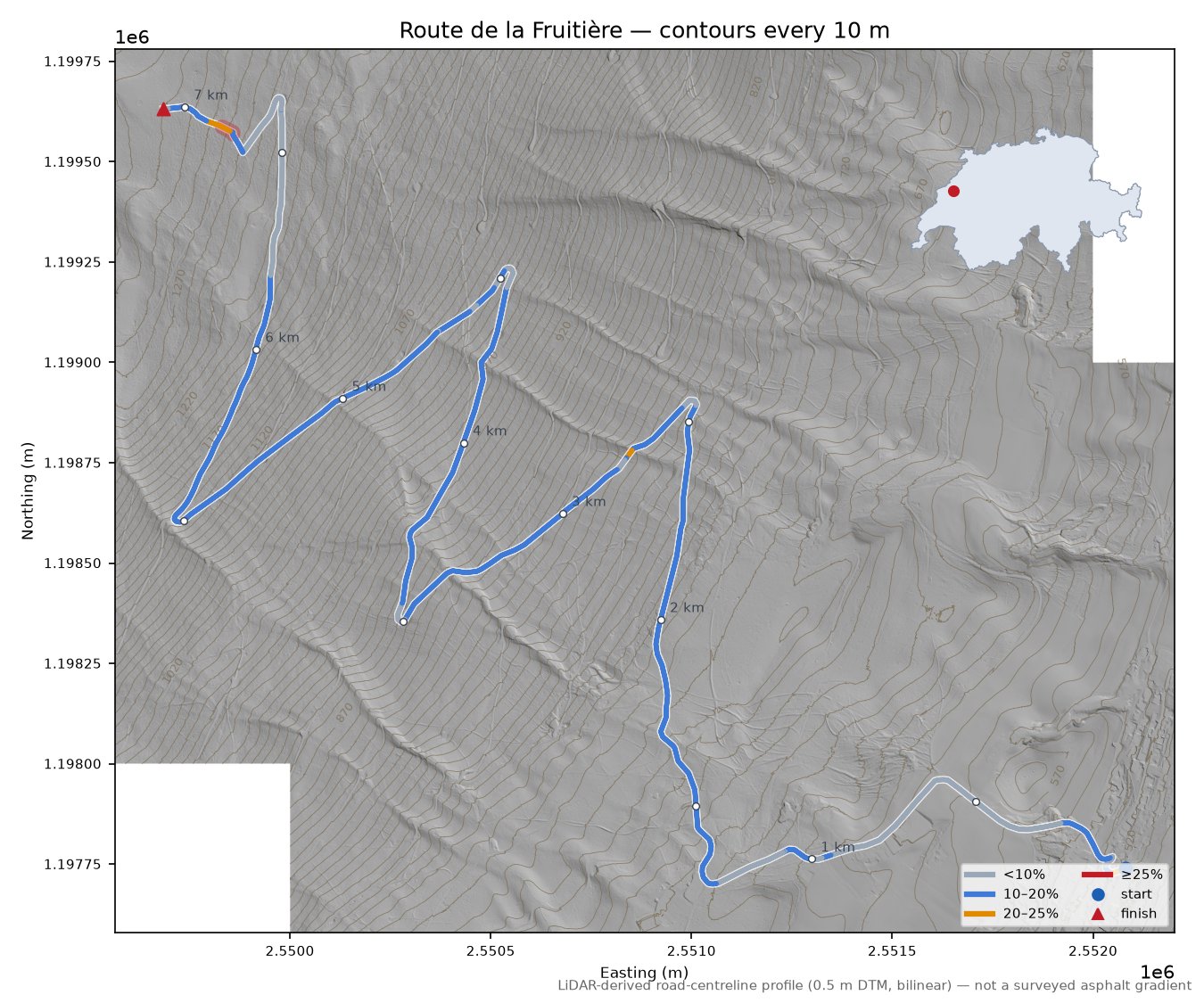 Route de la Fruitière LiDAR hillshade map with contours