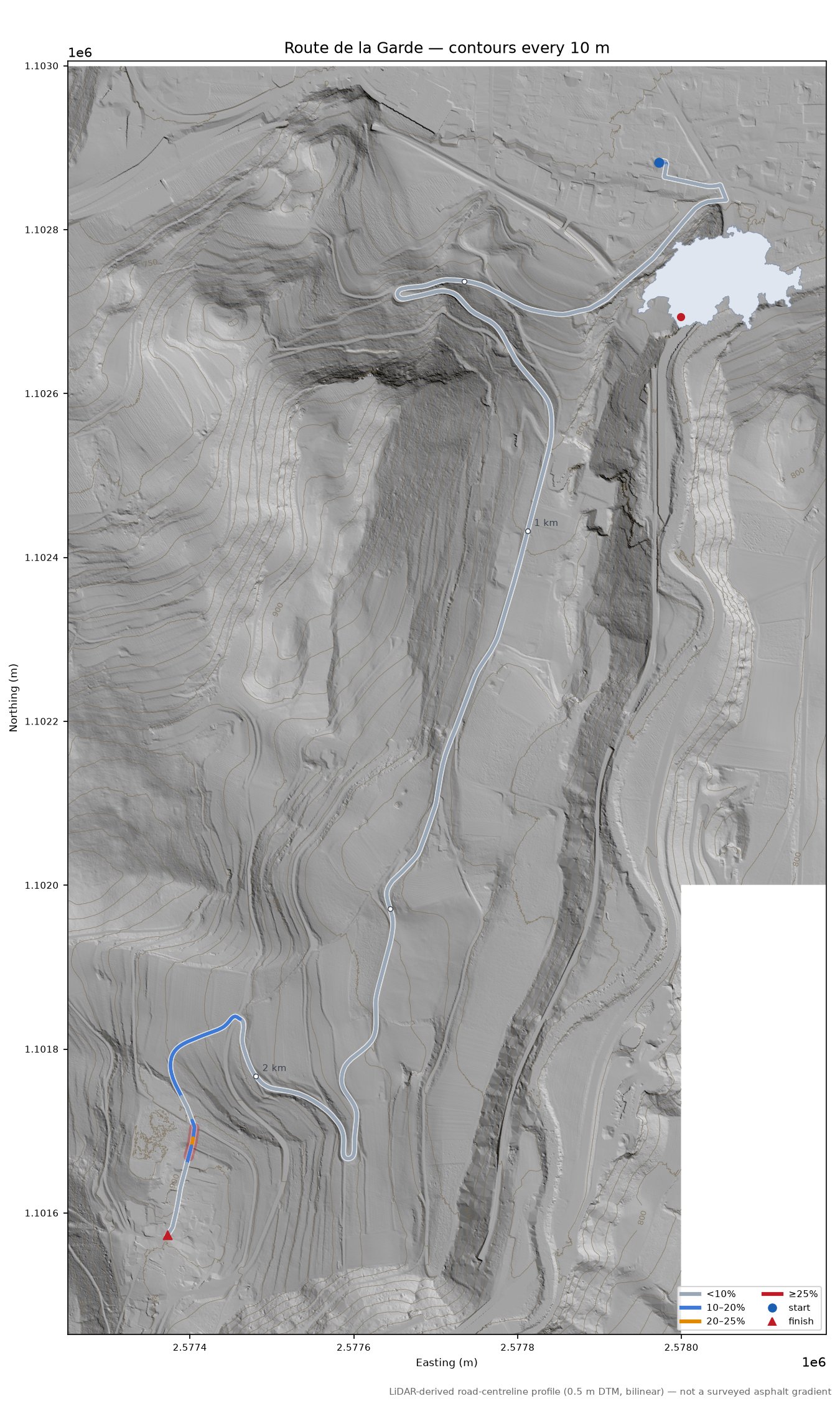 Route de la Garde LiDAR hillshade map with contours