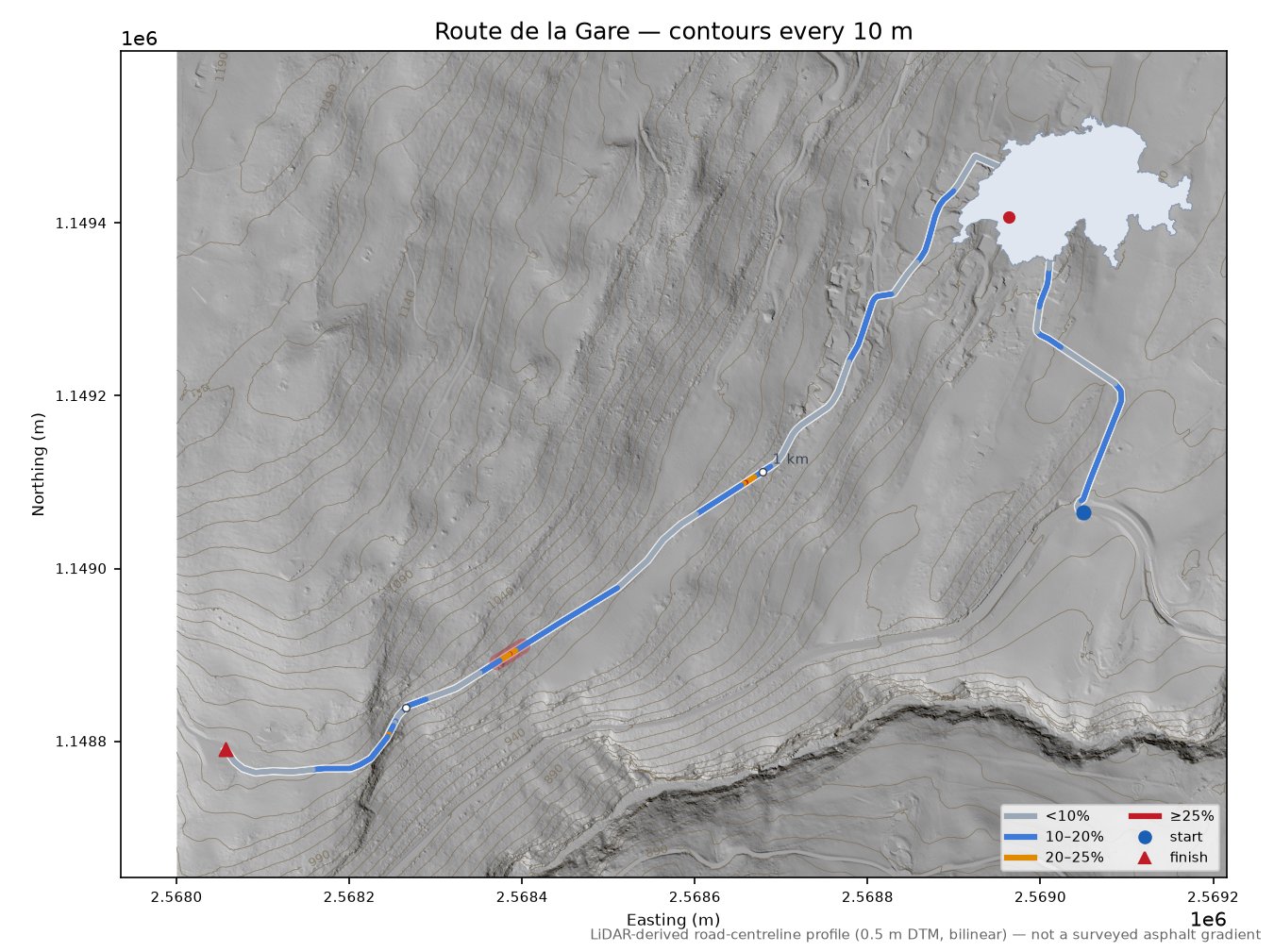 Route de la Gare LiDAR hillshade map with contours