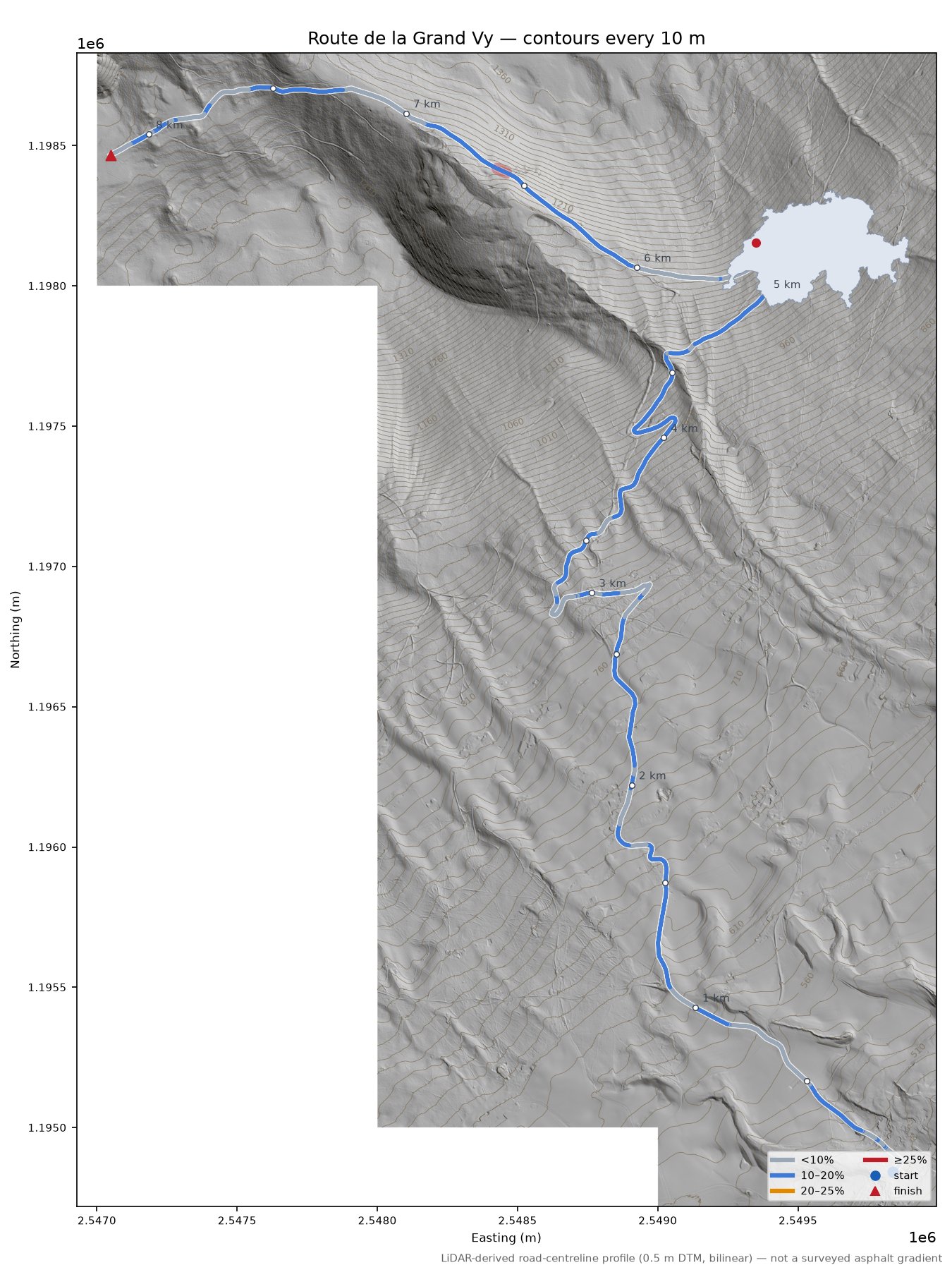 Route de la Grand Vy LiDAR hillshade map with contours