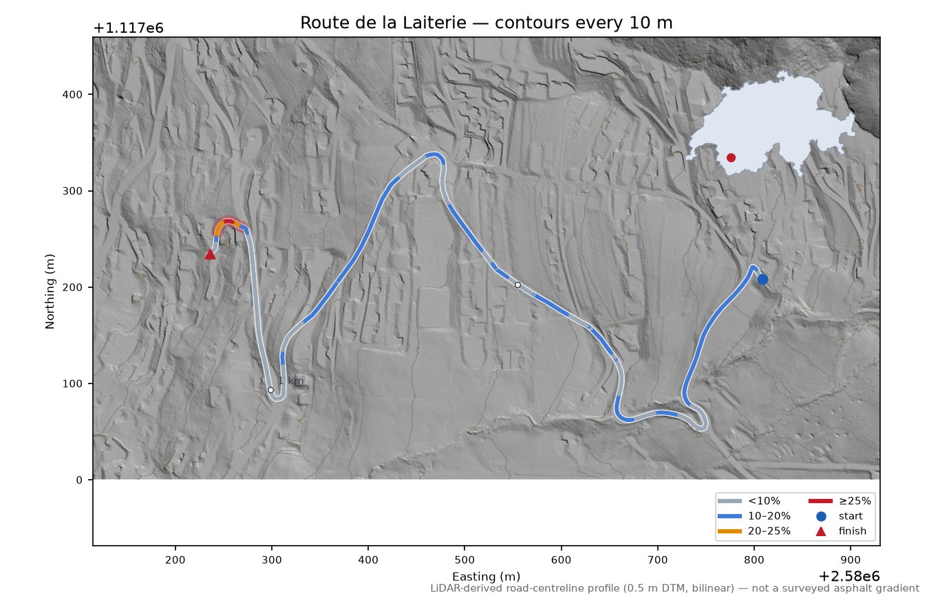 Route de la Laiterie LiDAR hillshade map with contours
