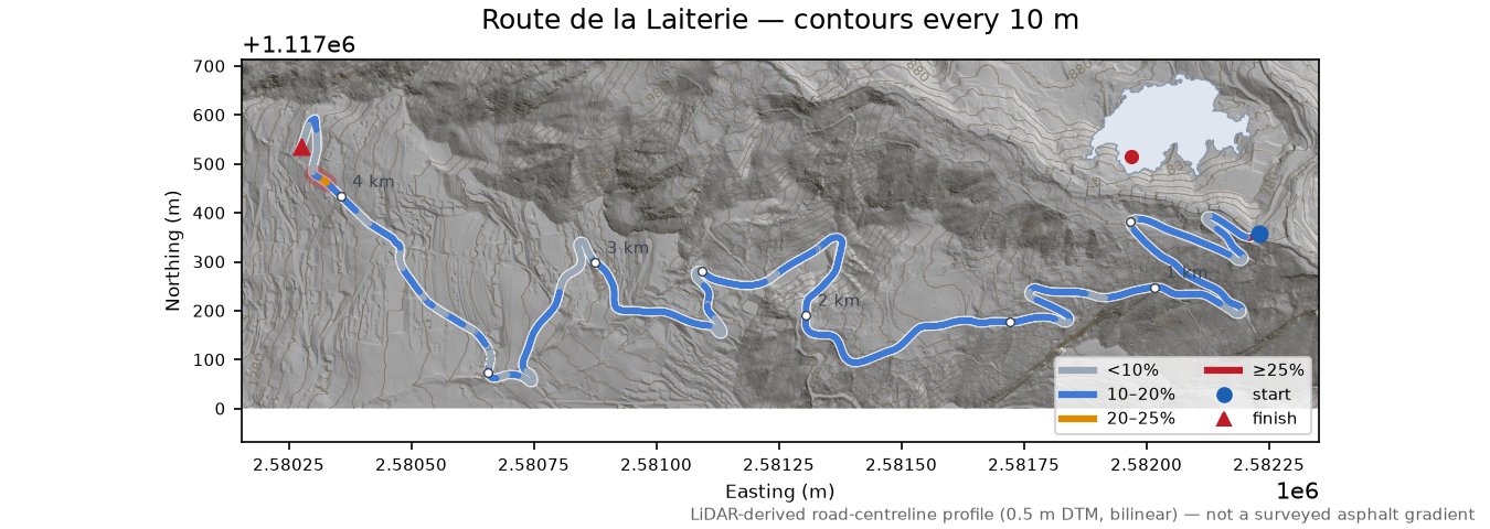 Route de la Laiterie LiDAR hillshade map with contours