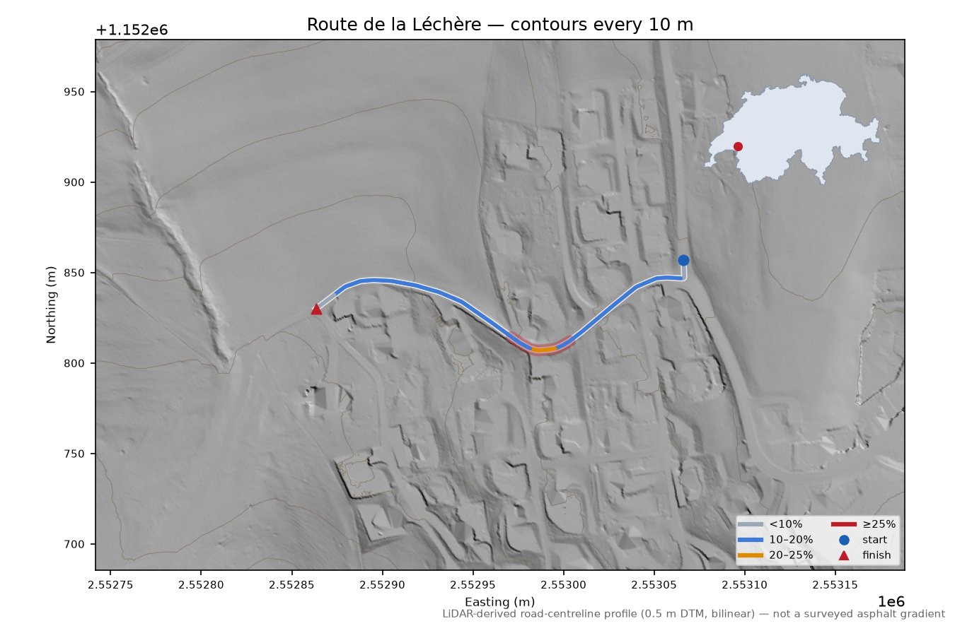 Route de la Léchère LiDAR hillshade map with contours