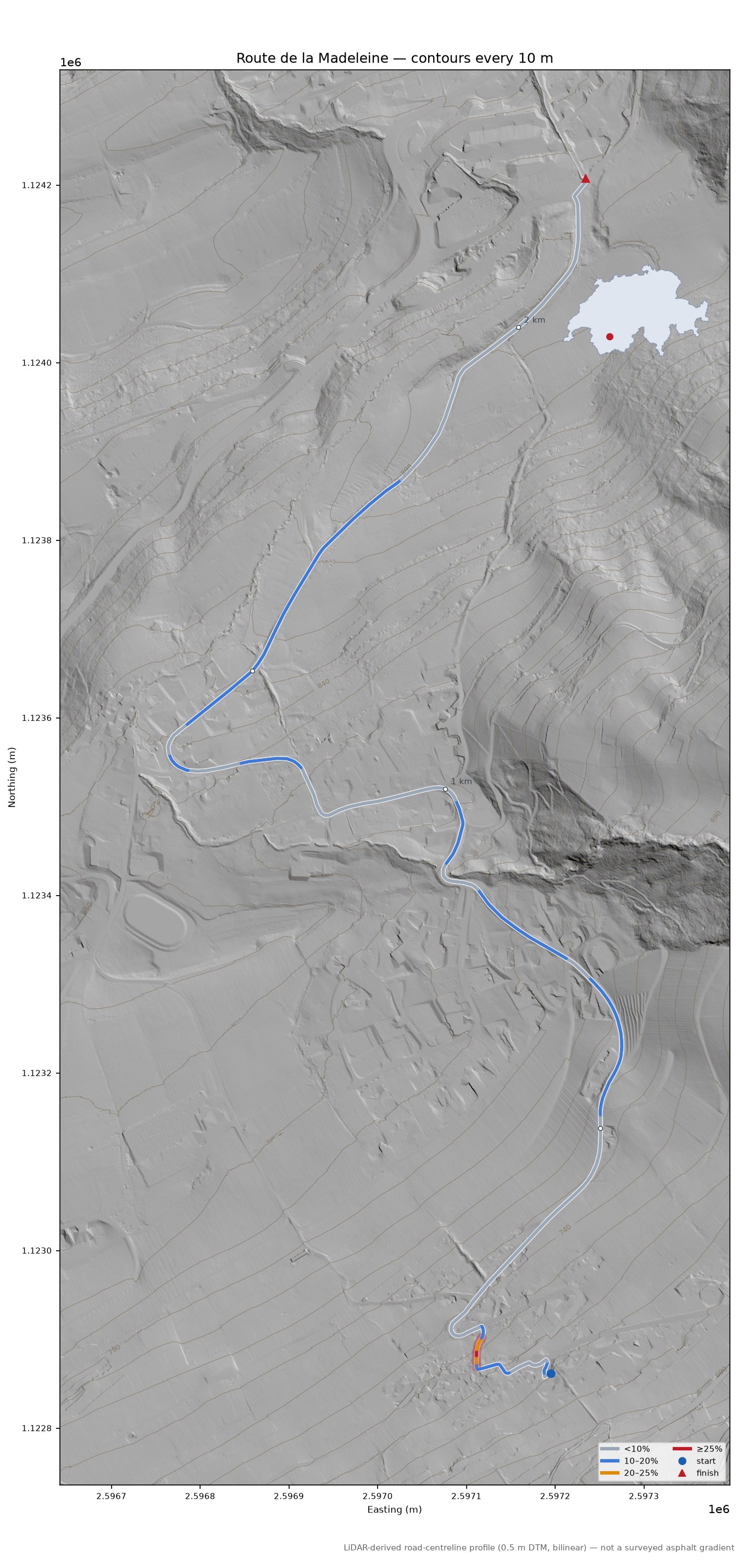 Route de la Madeleine LiDAR hillshade map with contours
