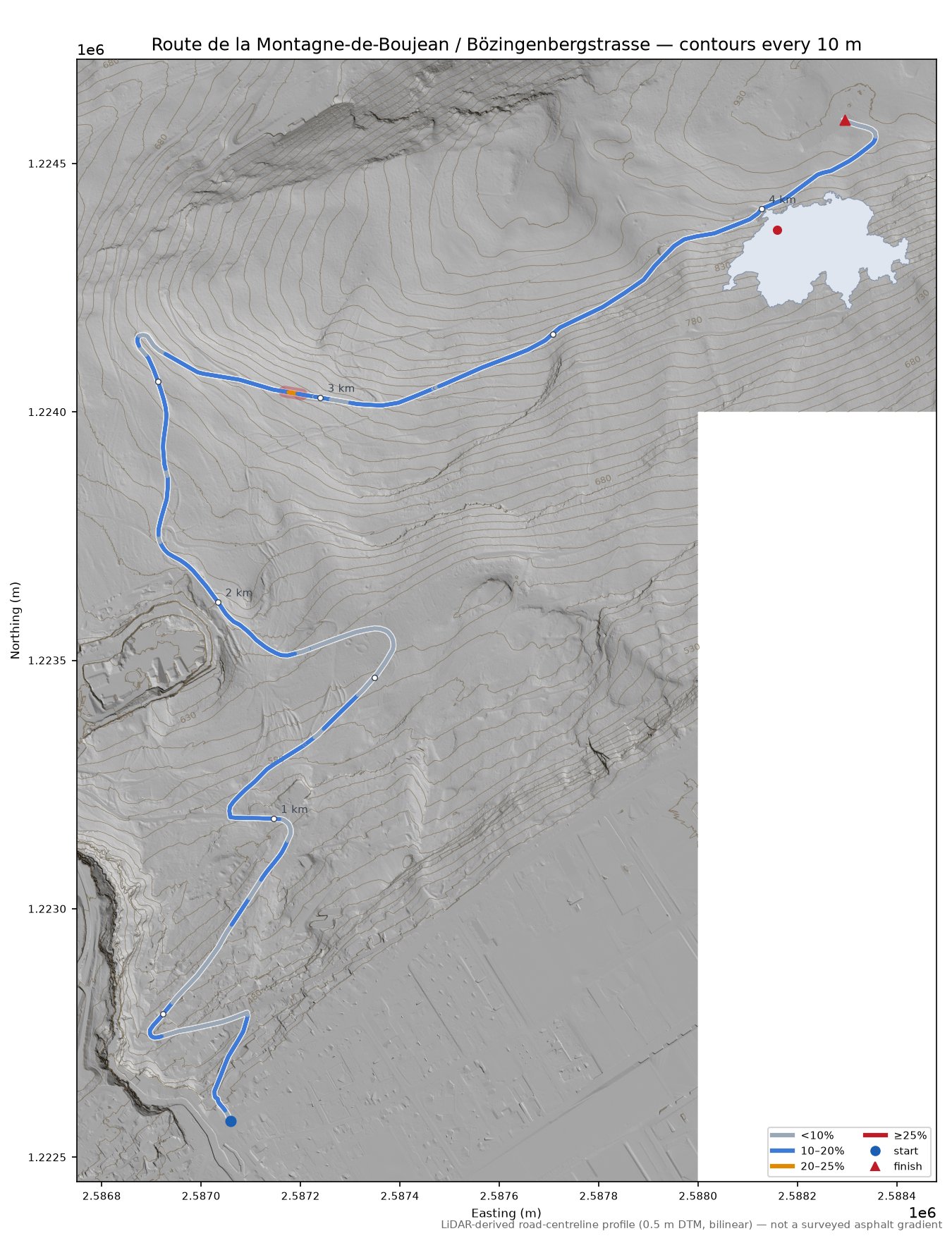 Route de la Montagne-de-Boujean / Bözingenbergstrasse LiDAR hillshade map with contours