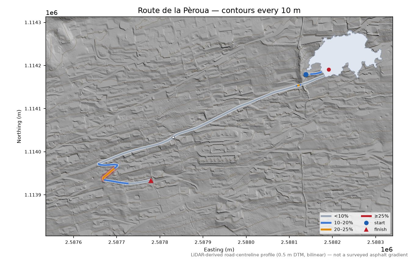 Route de la Pèroua LiDAR hillshade map with contours