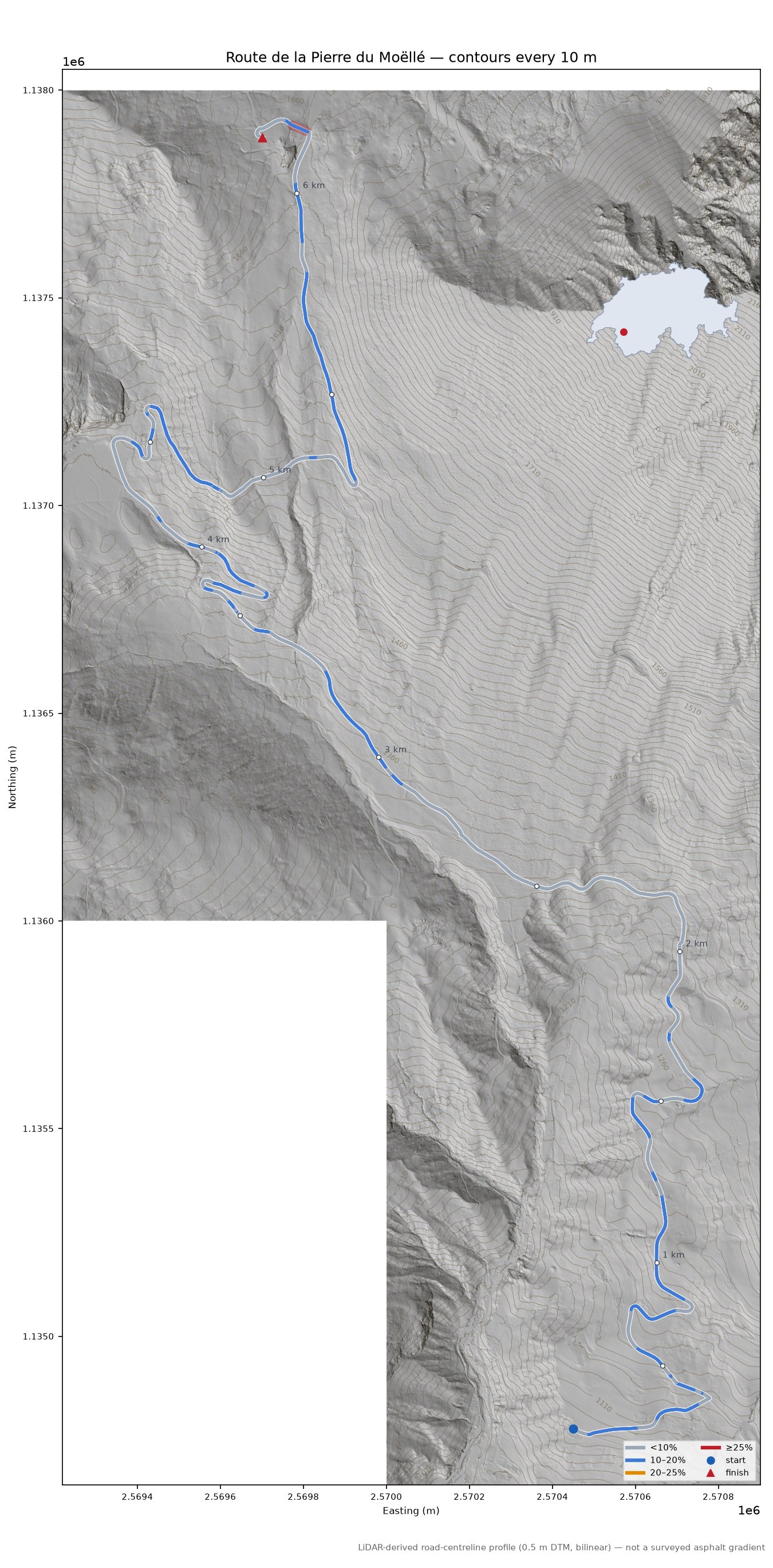 Route de la Pierre du Moëllé LiDAR hillshade map with contours