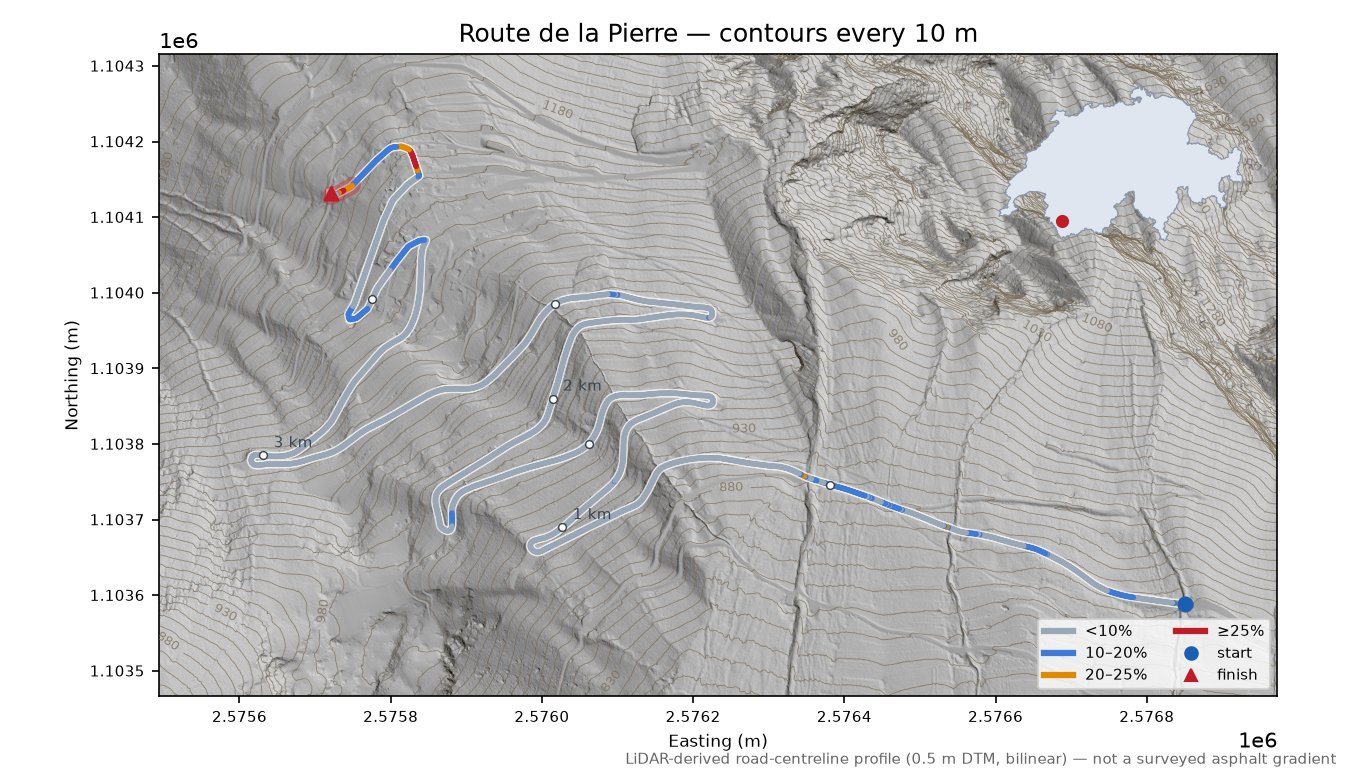 Route de la Pierre LiDAR hillshade map with contours
