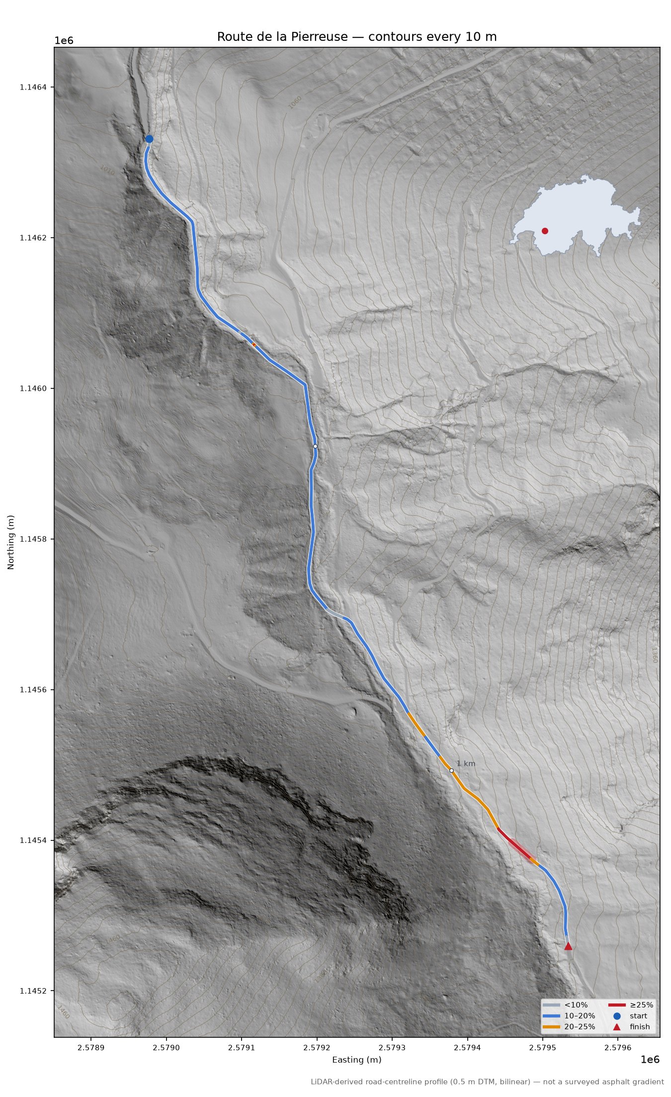 Route de la Pierreuse LiDAR hillshade map with contours