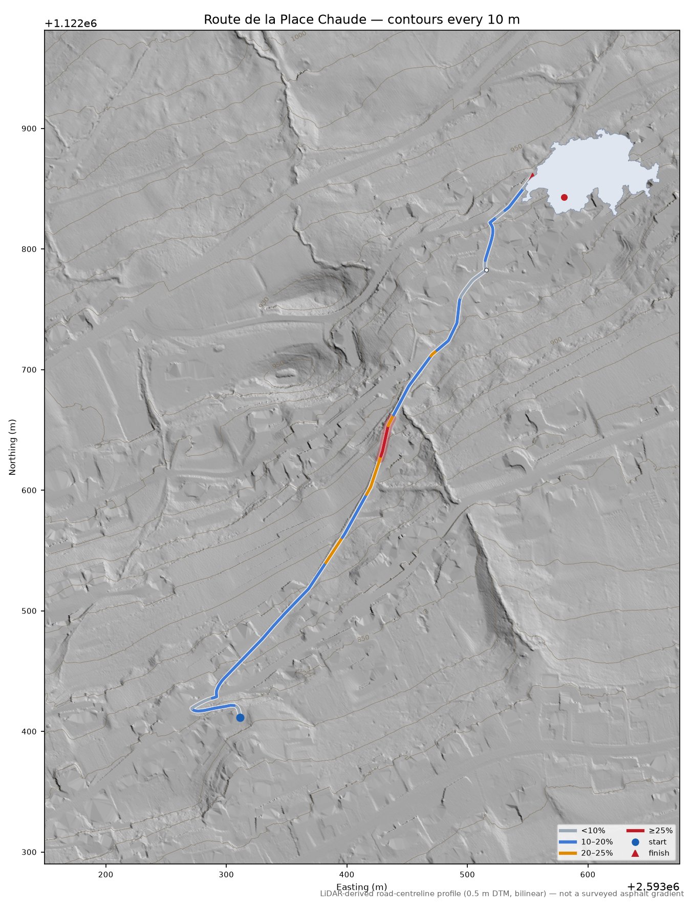 Route de la Place Chaude LiDAR hillshade map with contours
