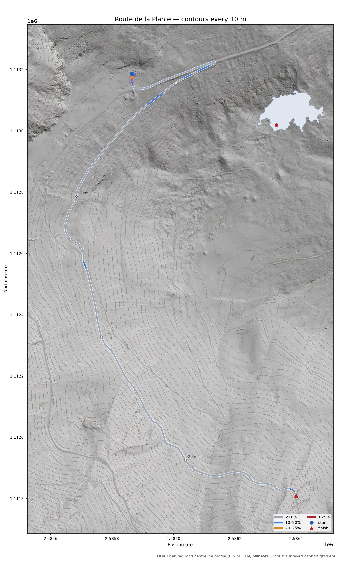 Route de la Planie LiDAR hillshade map with contours