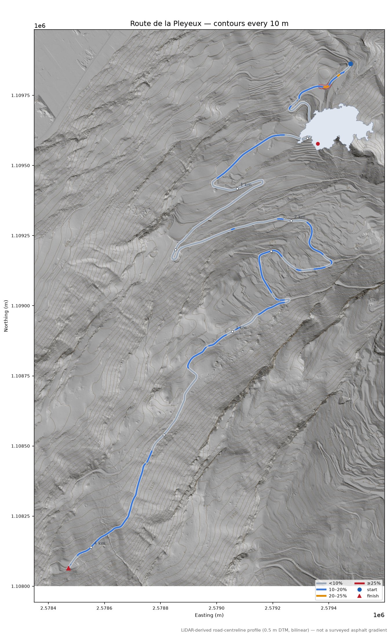 Route de la Pleyeux LiDAR hillshade map with contours