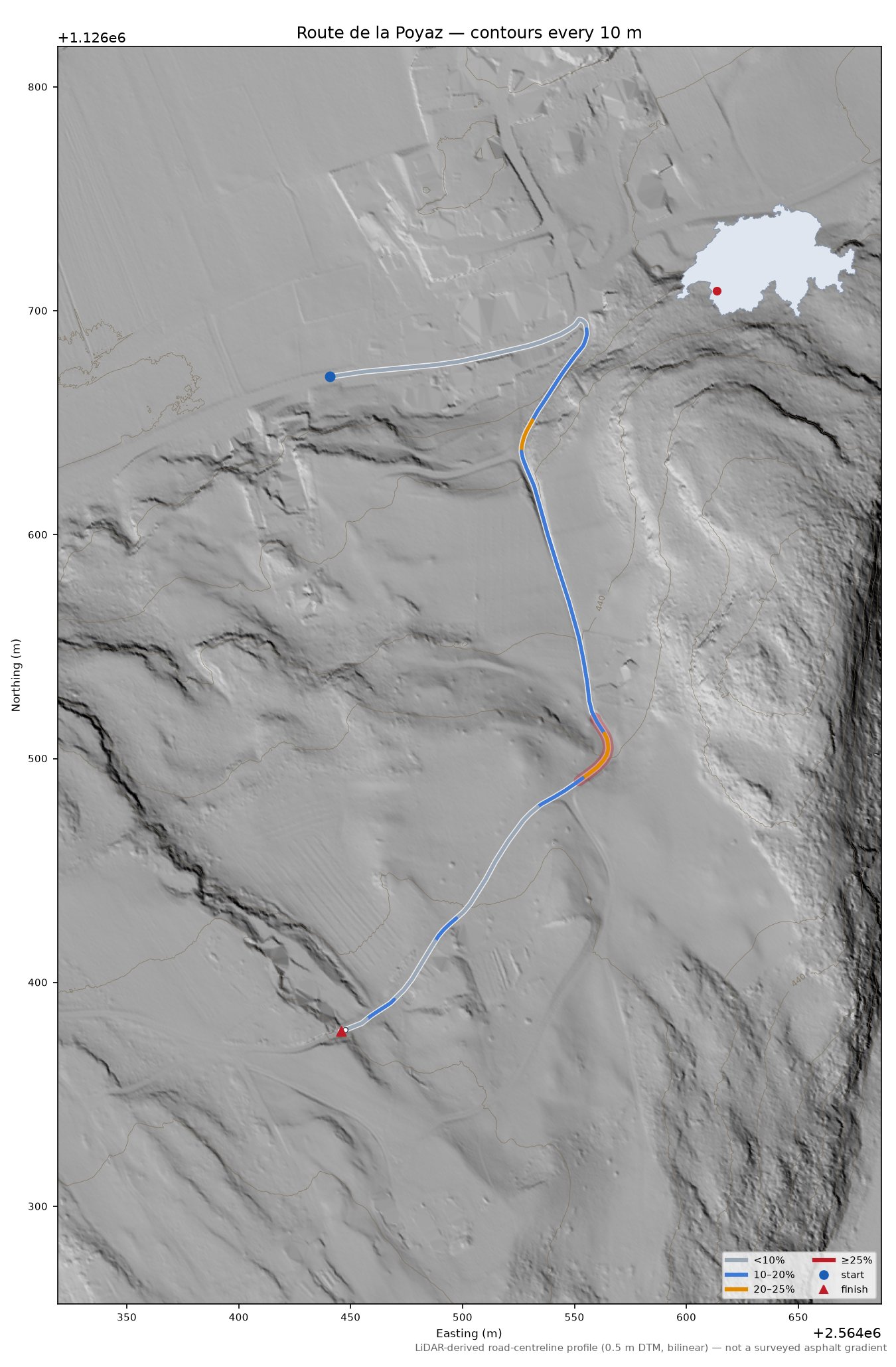 Route de la Poyaz LiDAR hillshade map with contours
