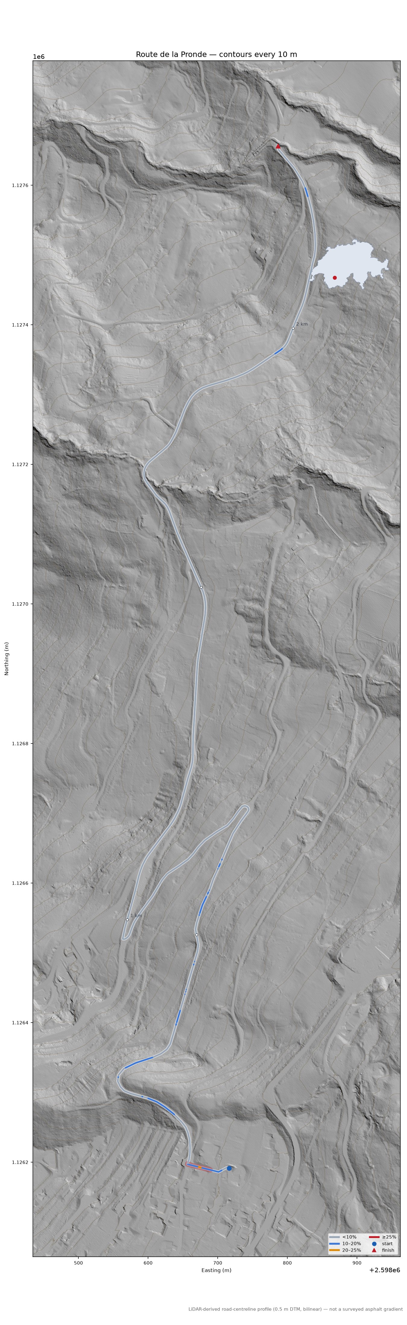 Route de la Pronde LiDAR hillshade map with contours