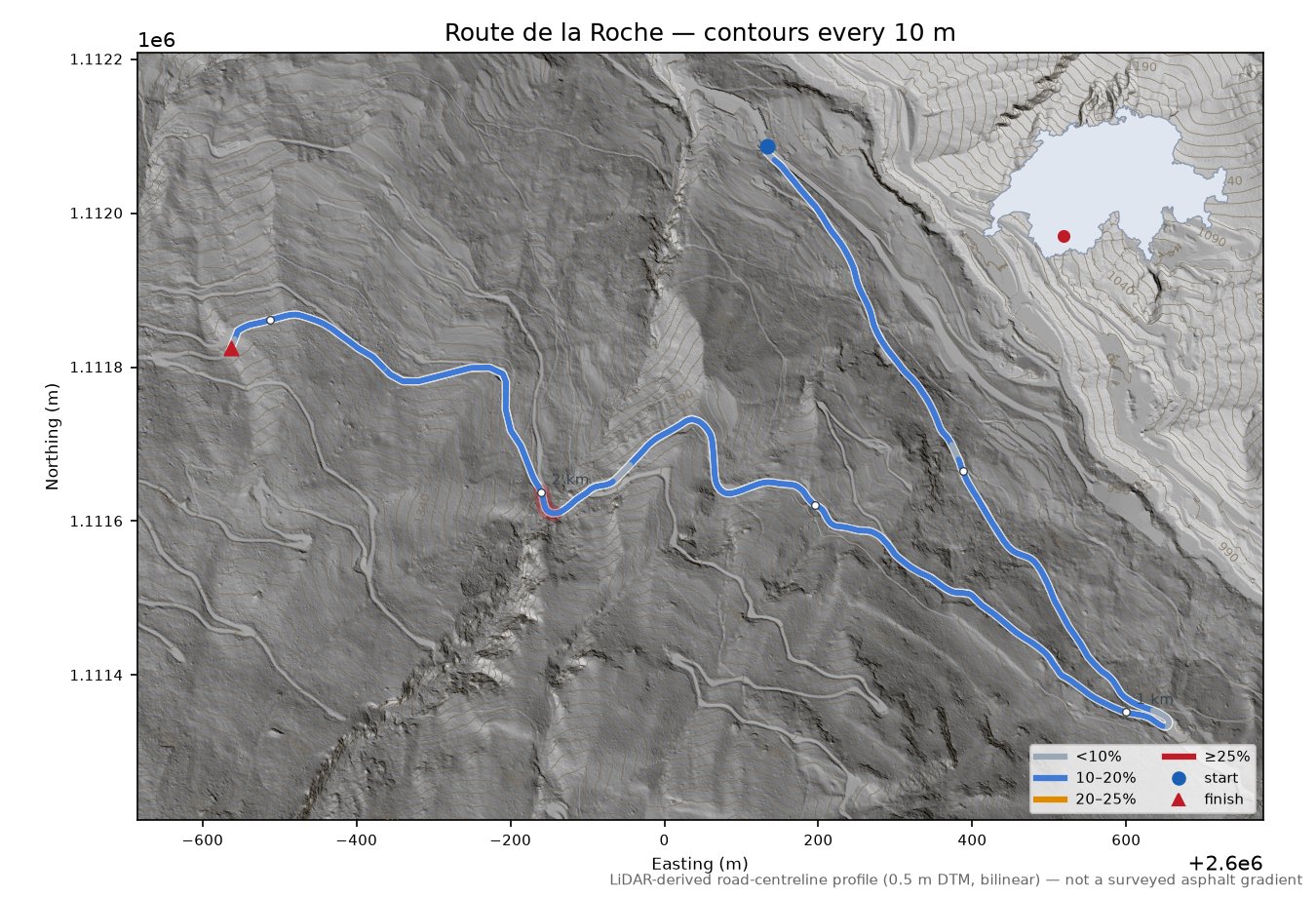 Route de la Roche LiDAR hillshade map with contours