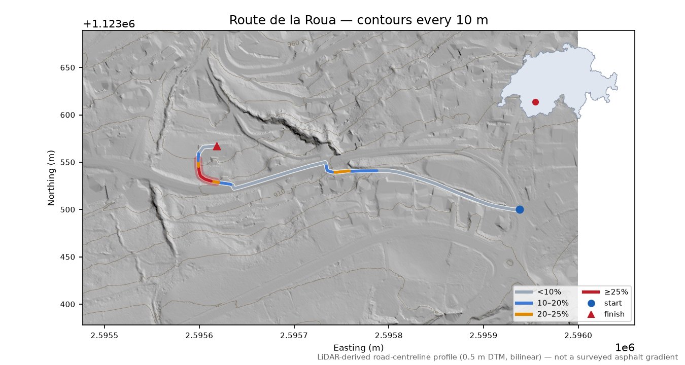 Route de la Roua LiDAR hillshade map with contours