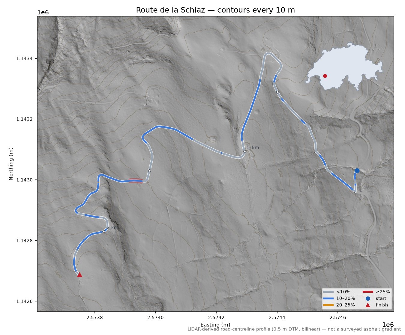 Route de la Schiaz LiDAR hillshade map with contours