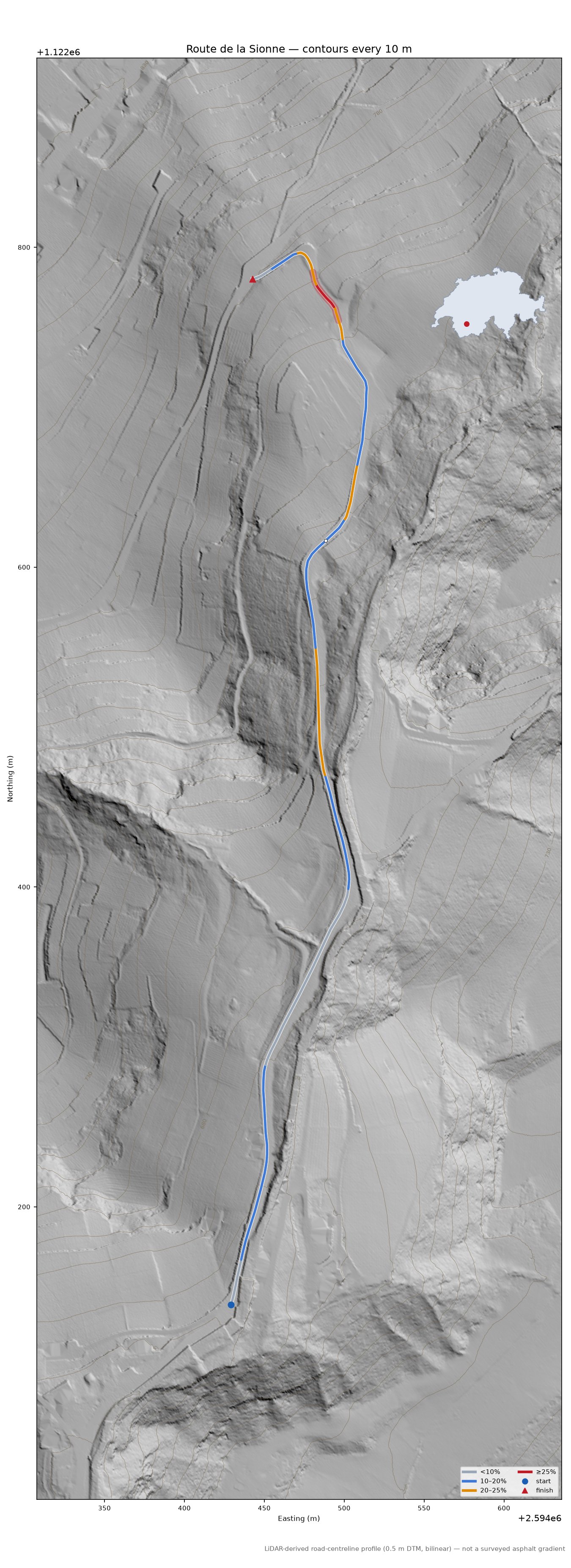 Route de la Sionne LiDAR hillshade map with contours