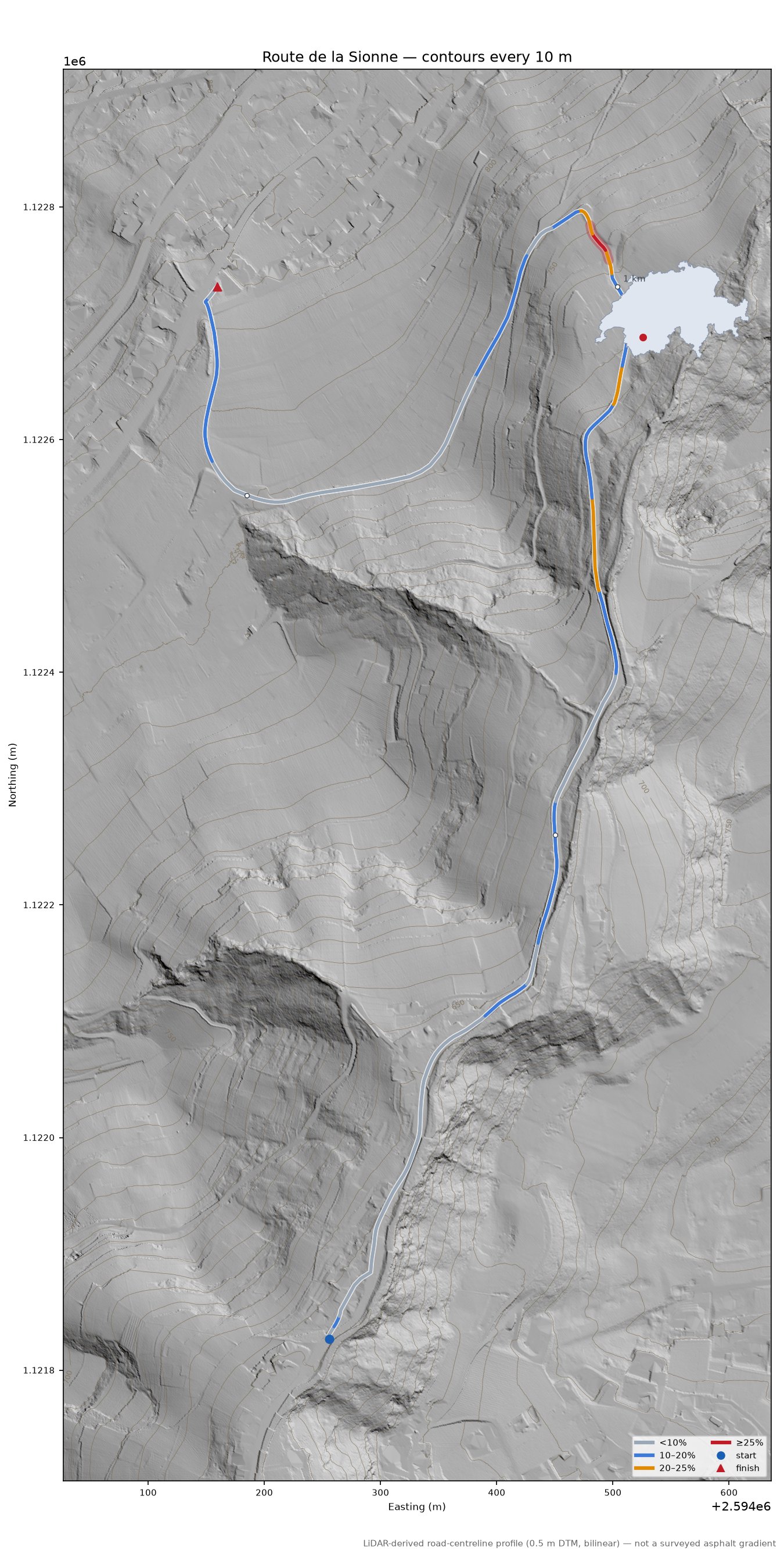 Route de la Sionne LiDAR hillshade map with contours