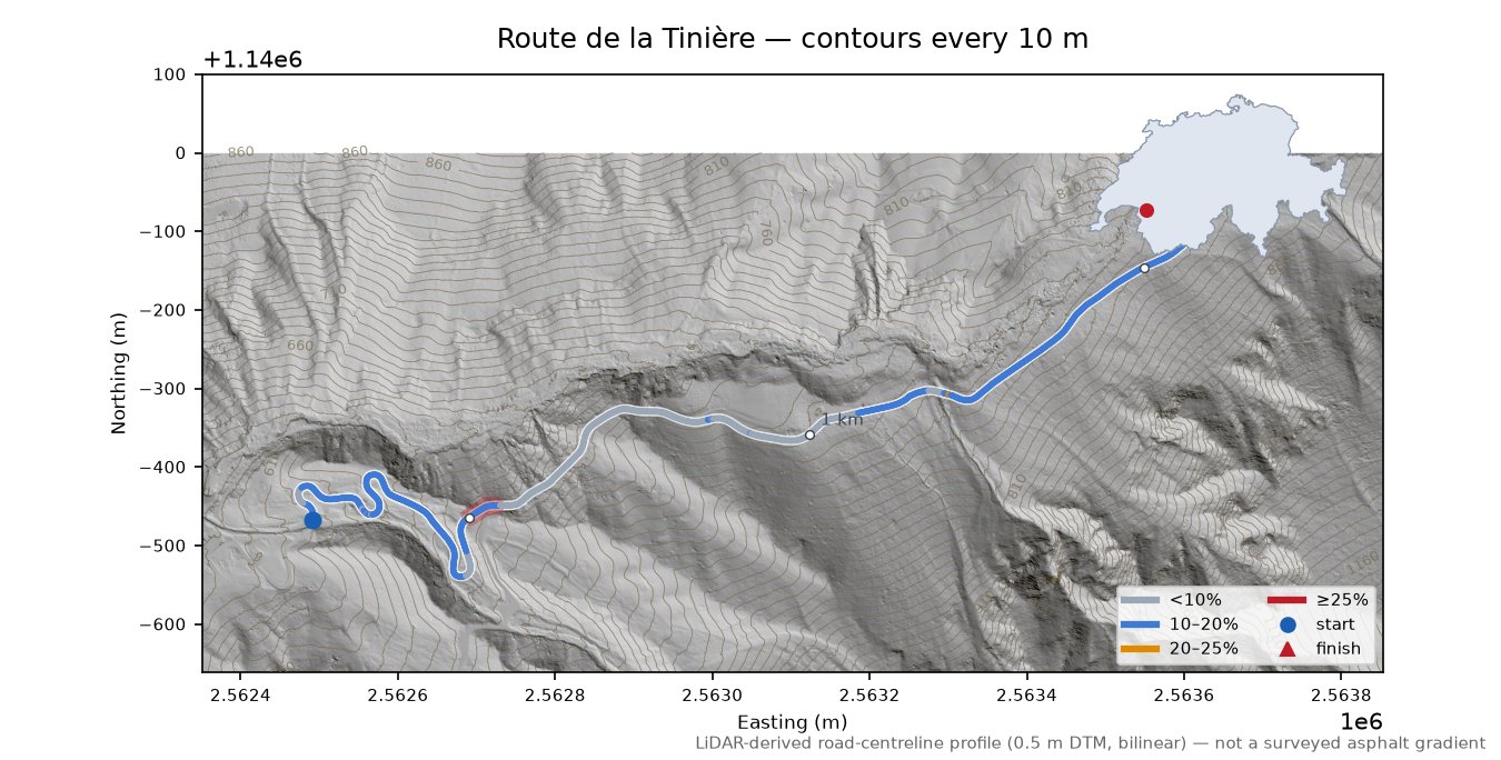 Route de la Tinière LiDAR hillshade map with contours