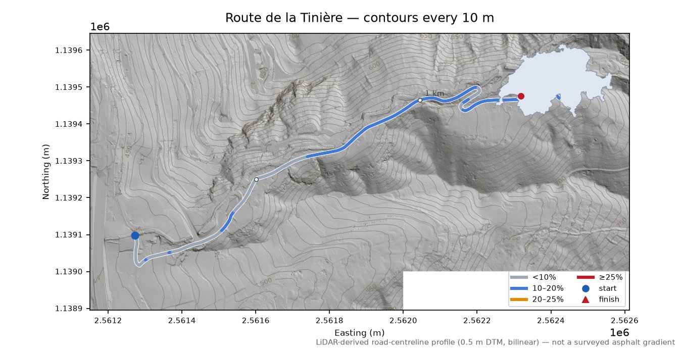 Route de la Tinière LiDAR hillshade map with contours