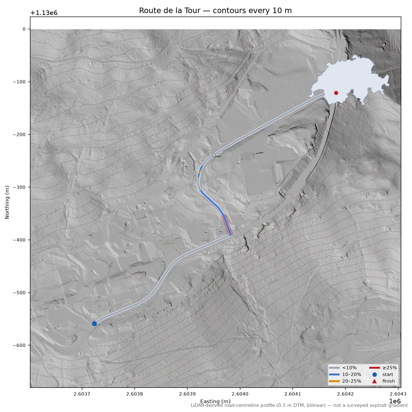 Route de la Tour LiDAR hillshade map with contours