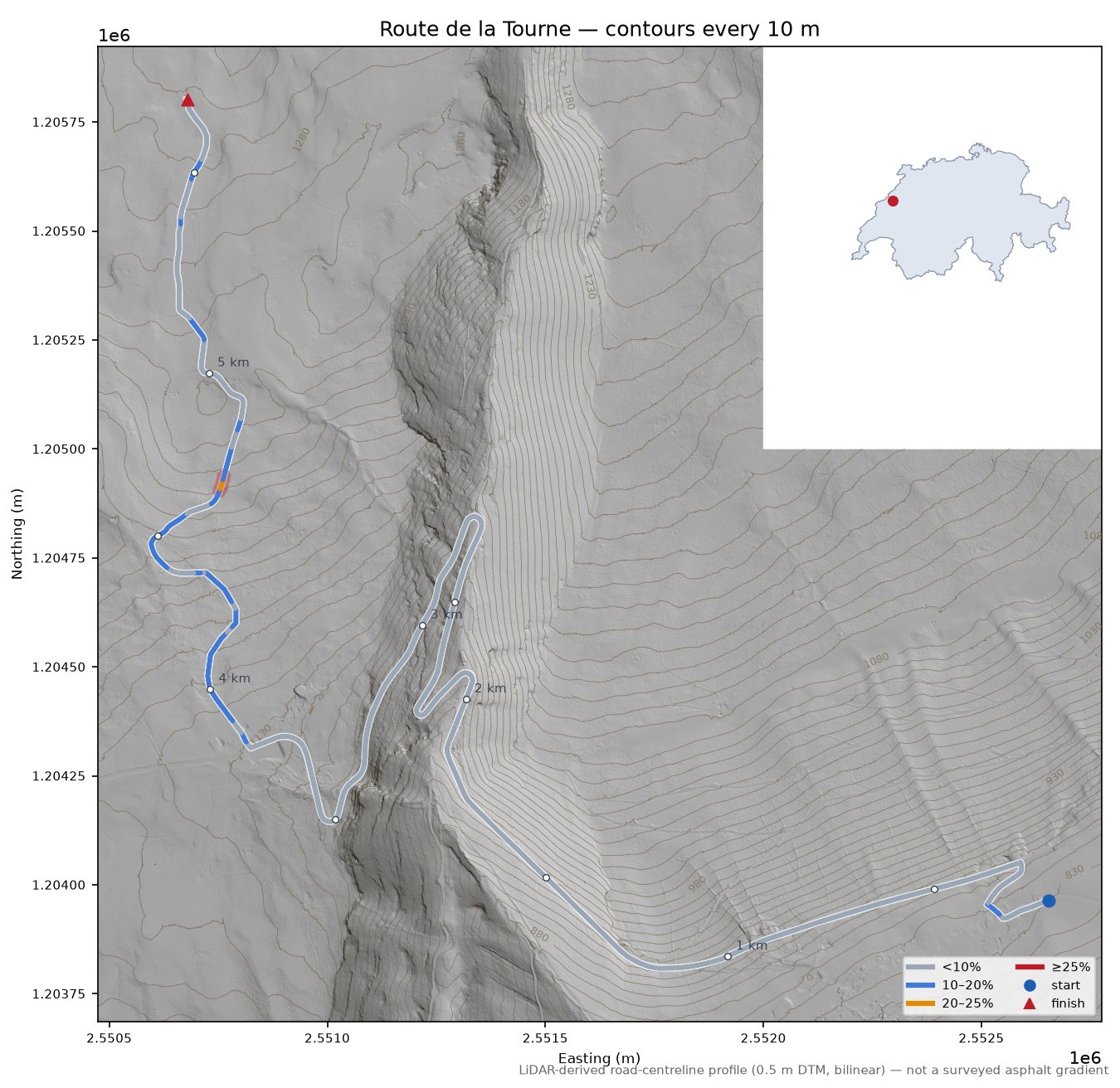 Route de la Tourne LiDAR hillshade map with contours