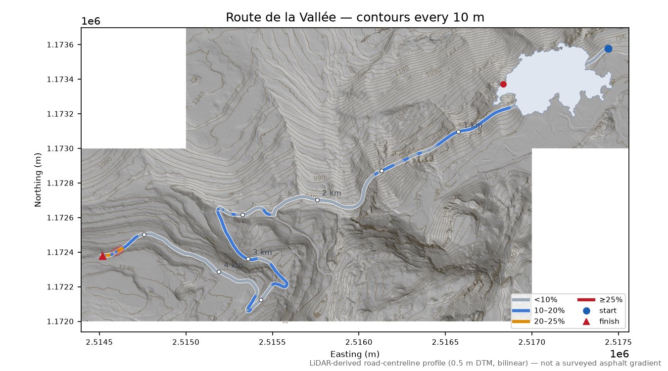 Route de la Vallée LiDAR hillshade map with contours