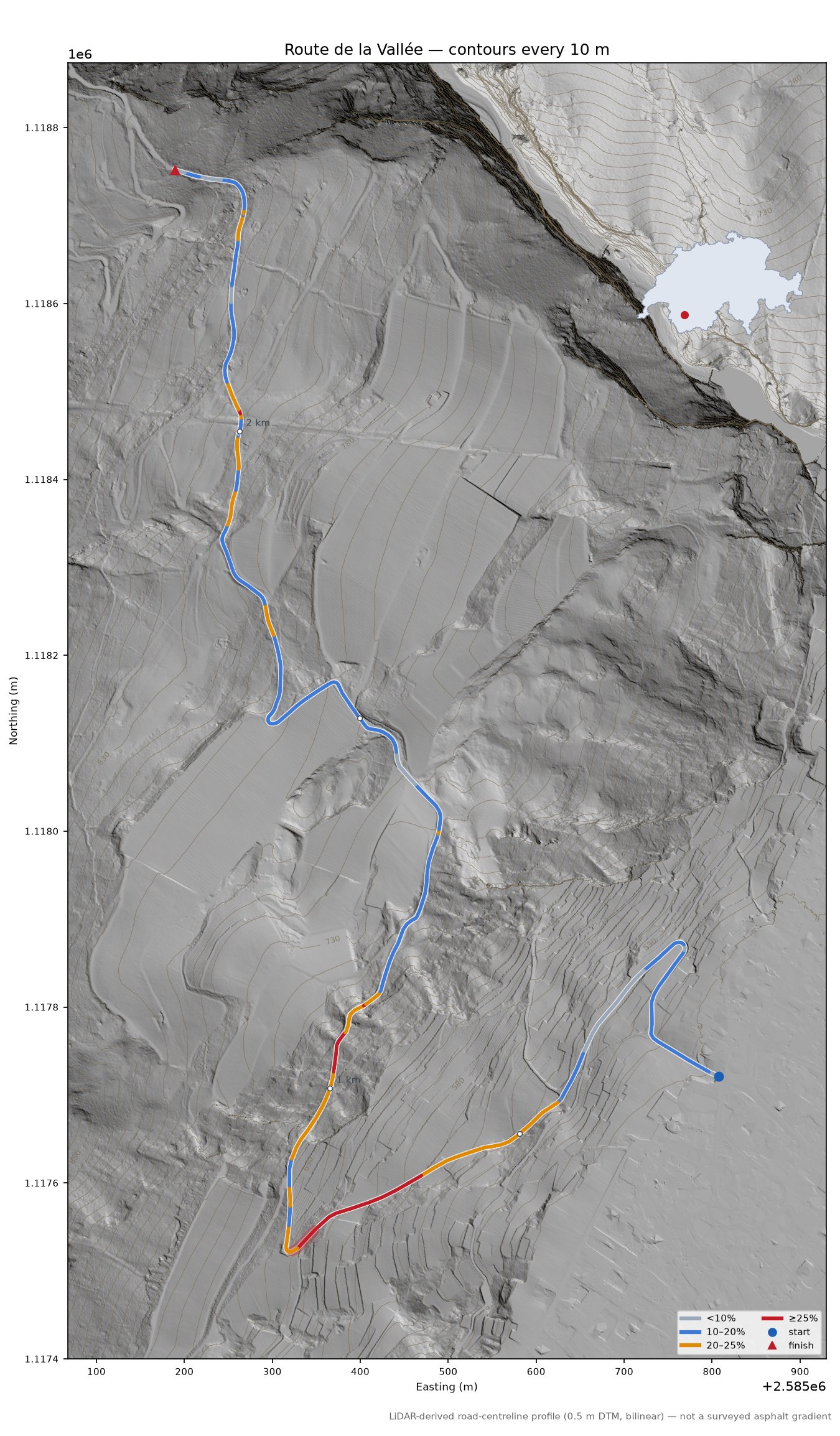Route de la Vallée LiDAR hillshade map with contours