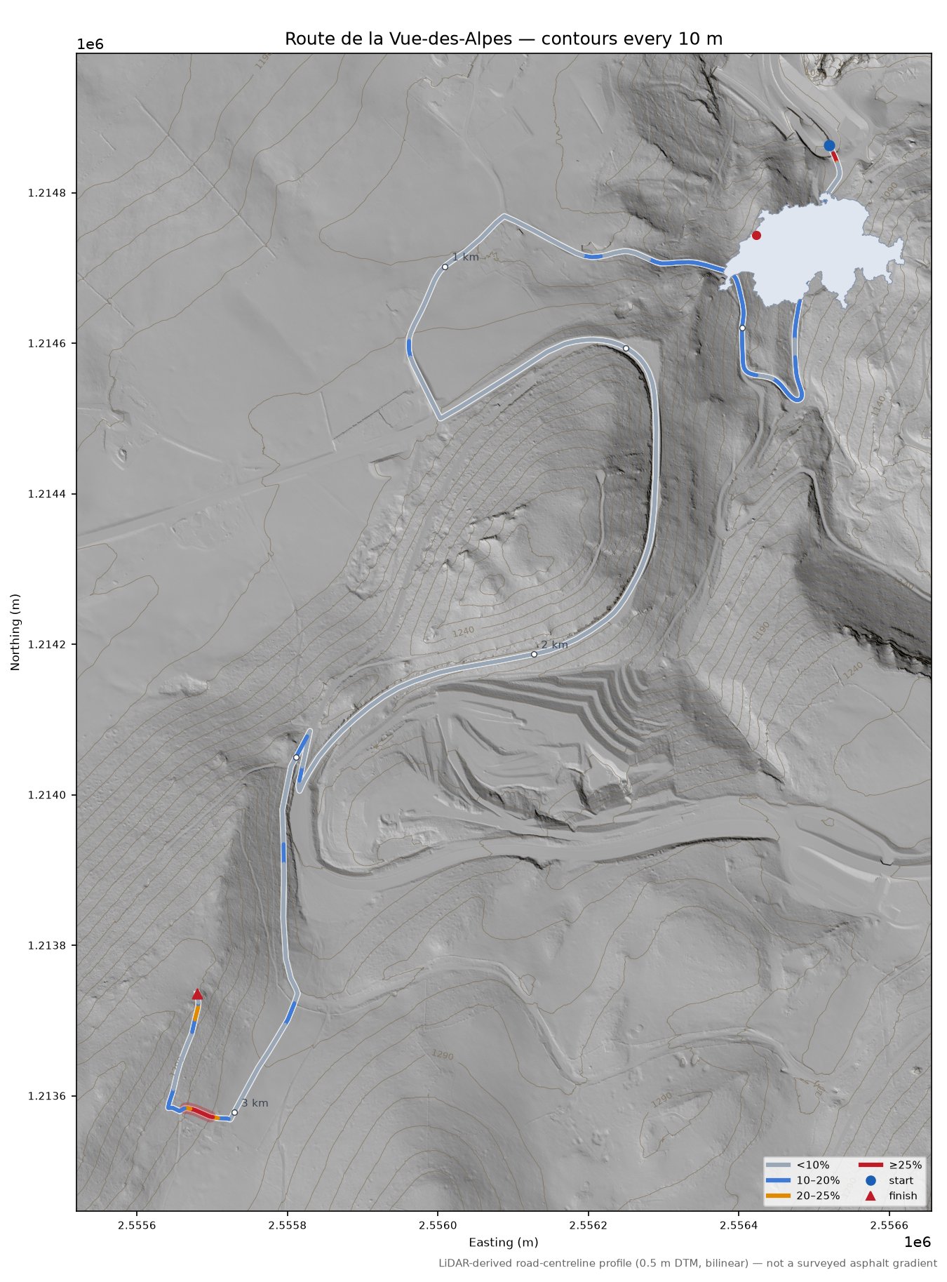 Route de la Vue-des-Alpes LiDAR hillshade map with contours