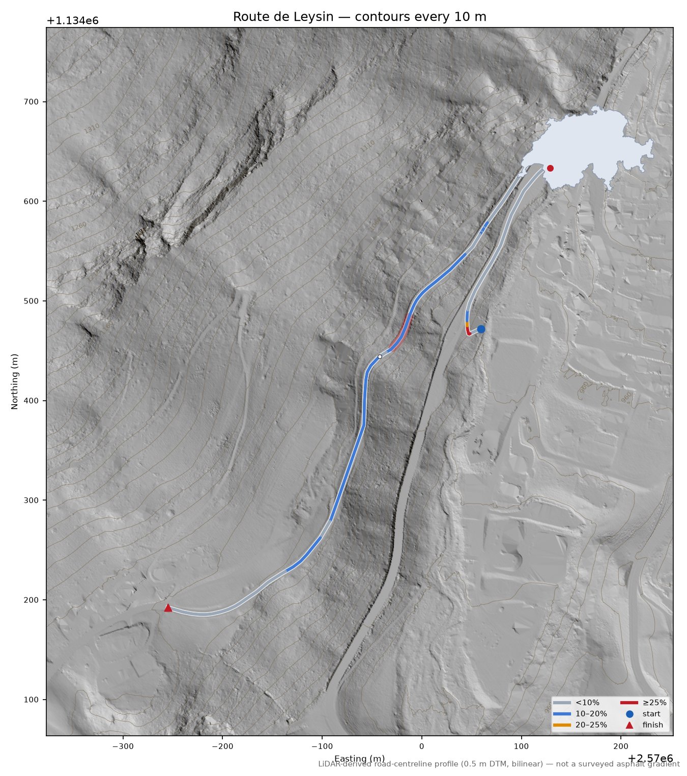 Route de Leysin LiDAR hillshade map with contours
