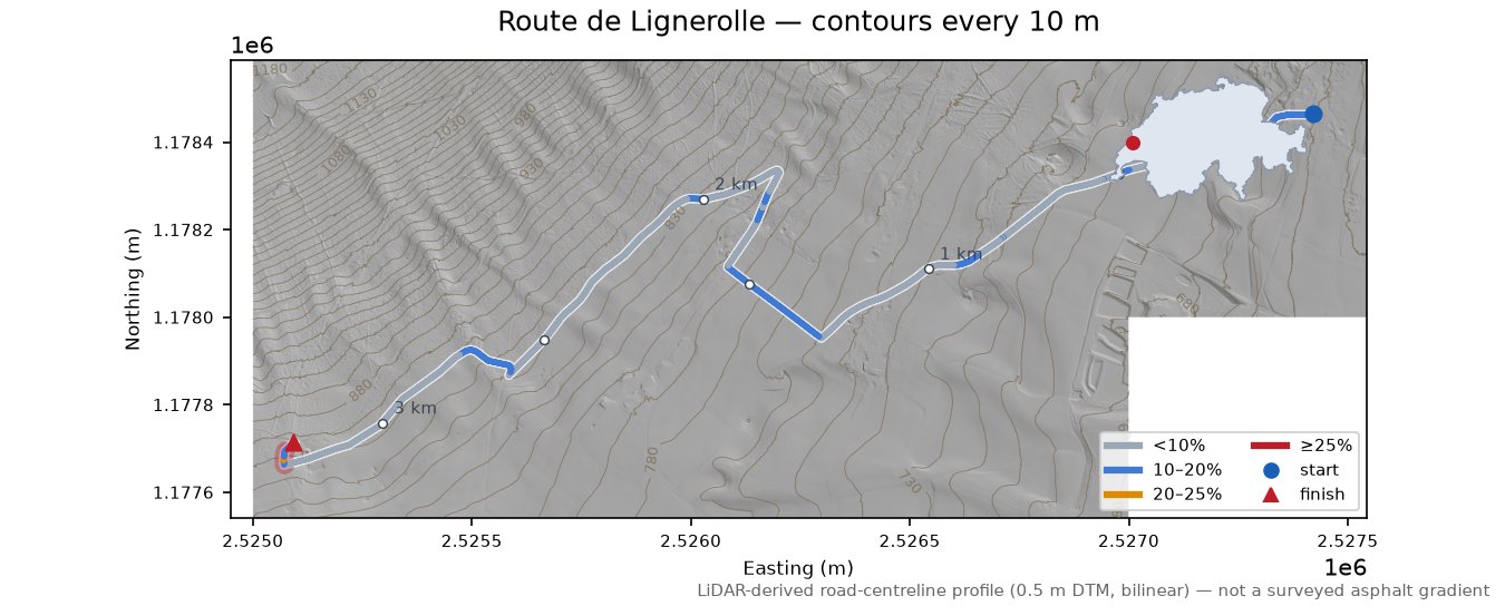 Route de Lignerolle LiDAR hillshade map with contours
