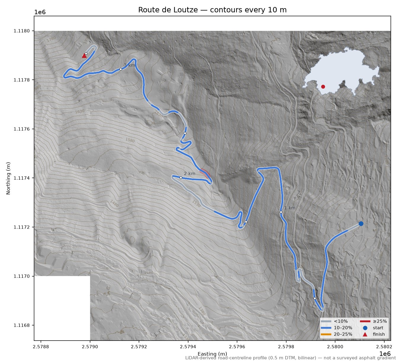 Route de Loutze LiDAR hillshade map with contours