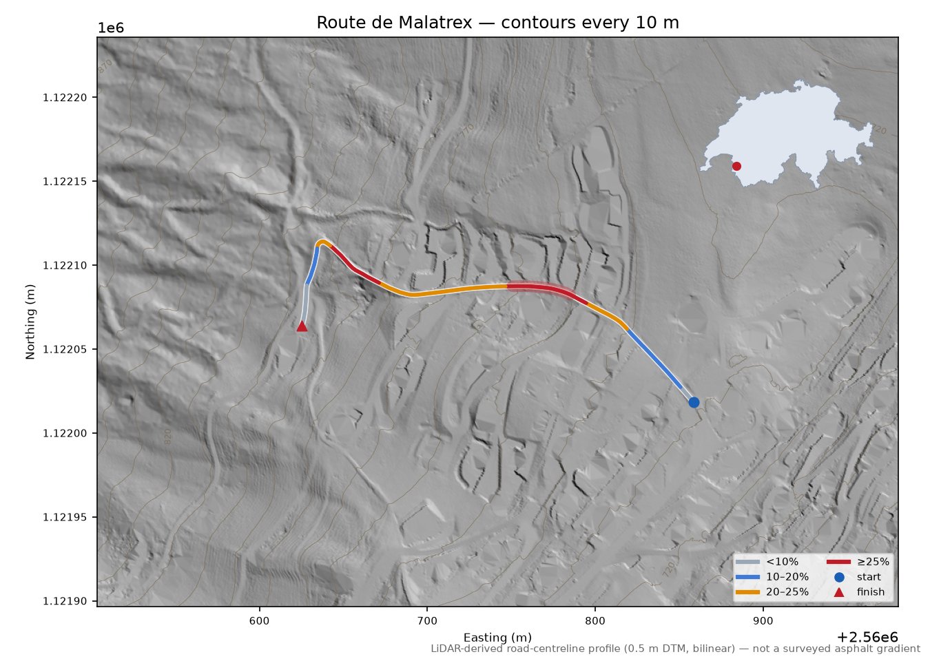 Route de Malatrex LiDAR hillshade map with contours