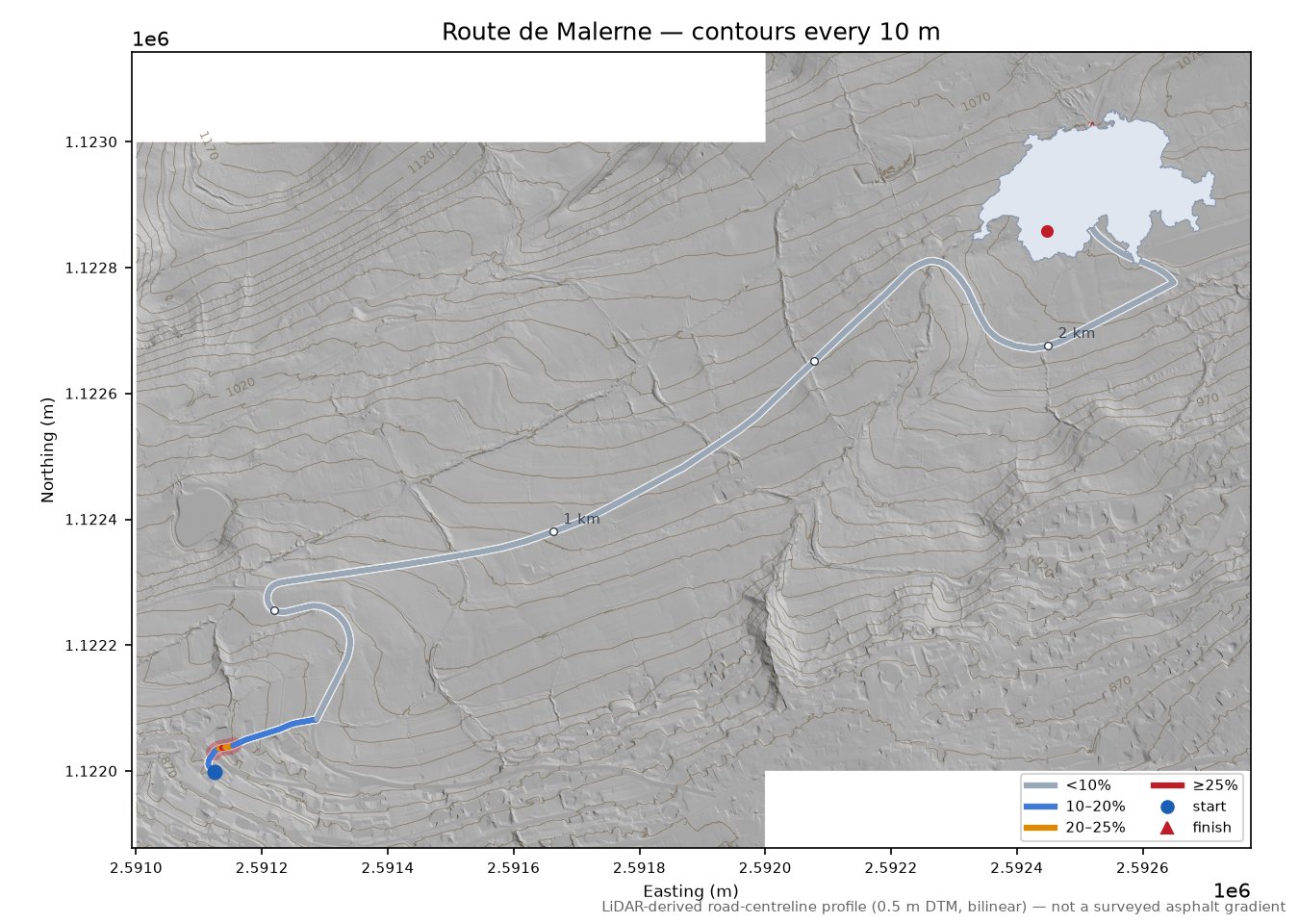Route de Malerne LiDAR hillshade map with contours