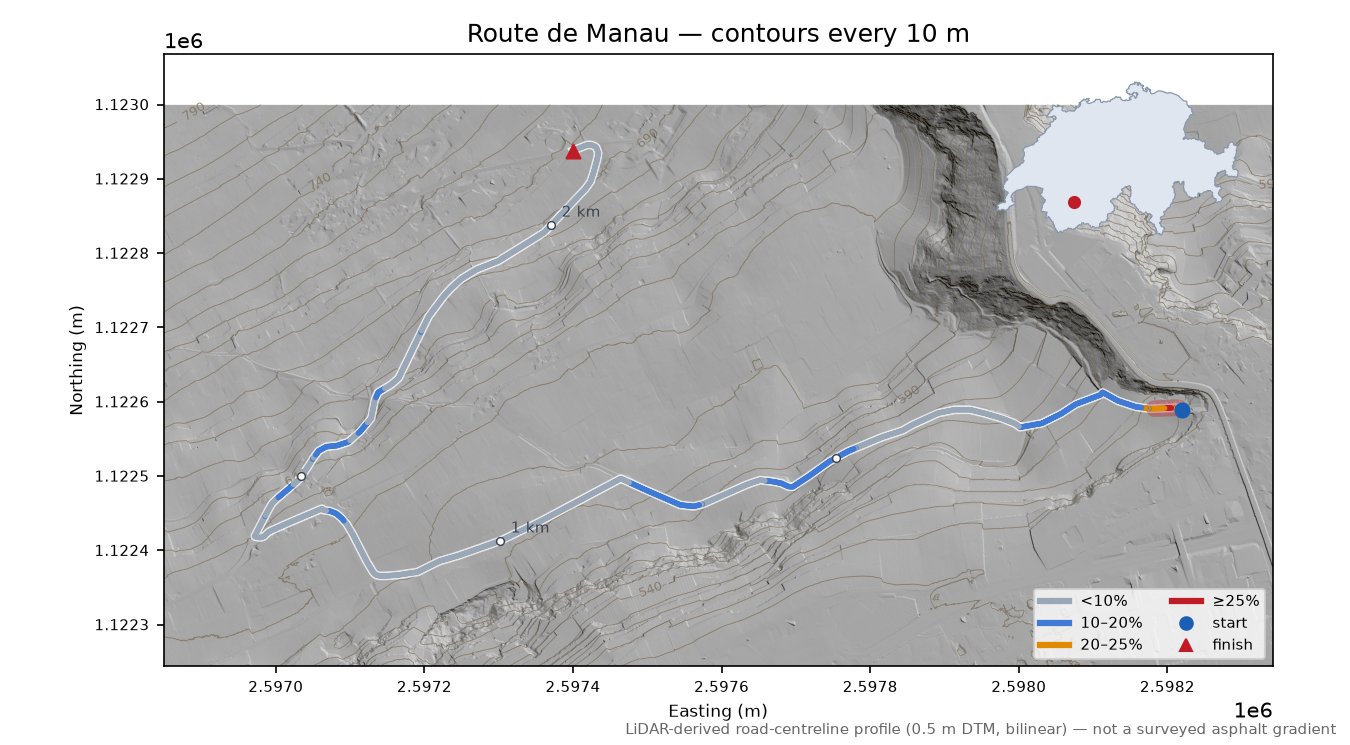 Route de Manau LiDAR hillshade map with contours