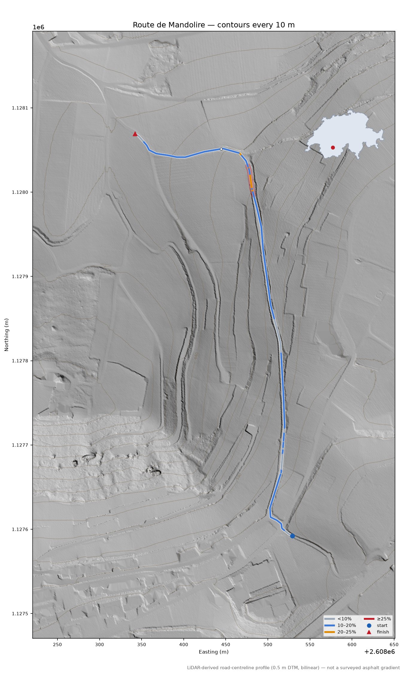 Route de Mandolire LiDAR hillshade map with contours