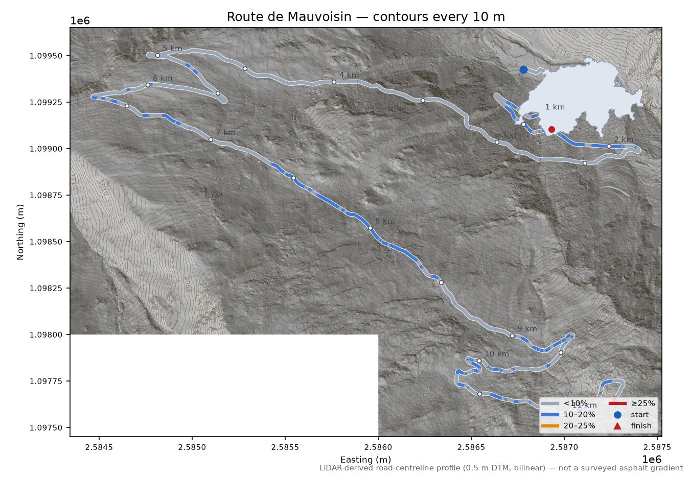 Route de Mauvoisin LiDAR hillshade map with contours