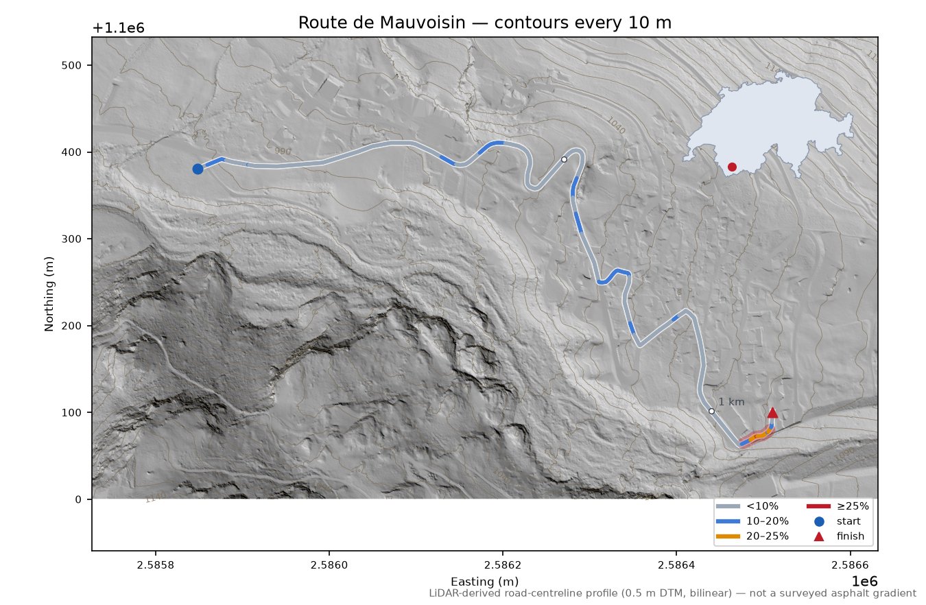 Route de Mauvoisin LiDAR hillshade map with contours