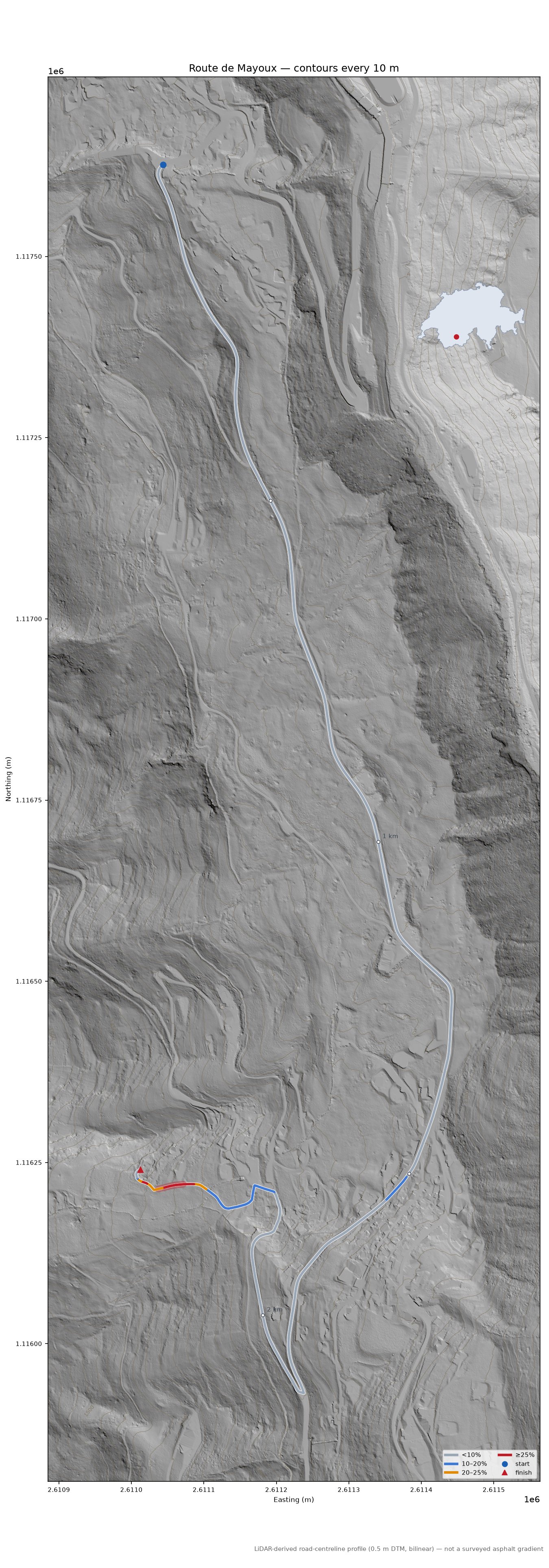 Route de Mayoux LiDAR hillshade map with contours