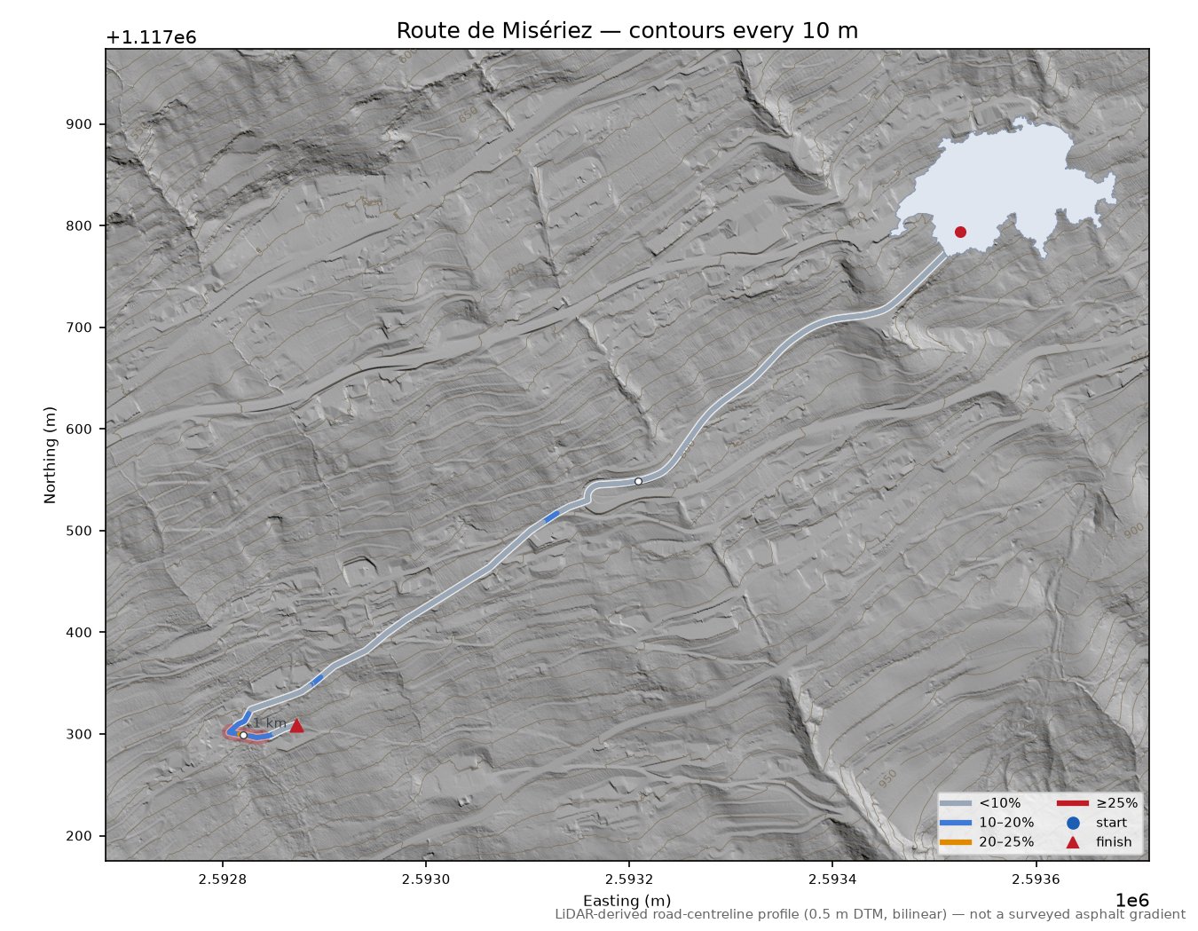 Route de Misériez LiDAR hillshade map with contours