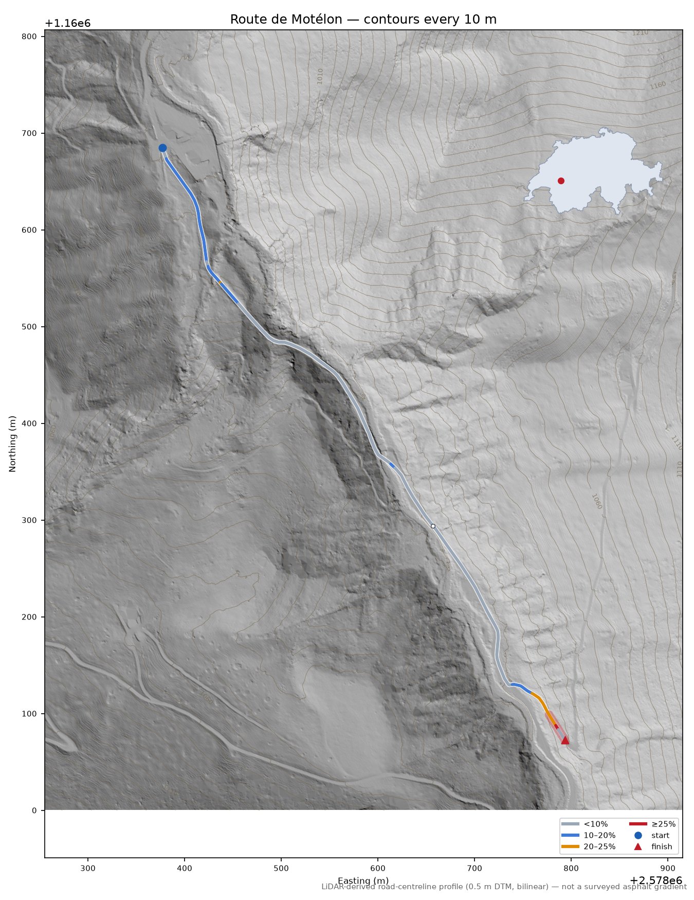 Route de Motélon LiDAR hillshade map with contours