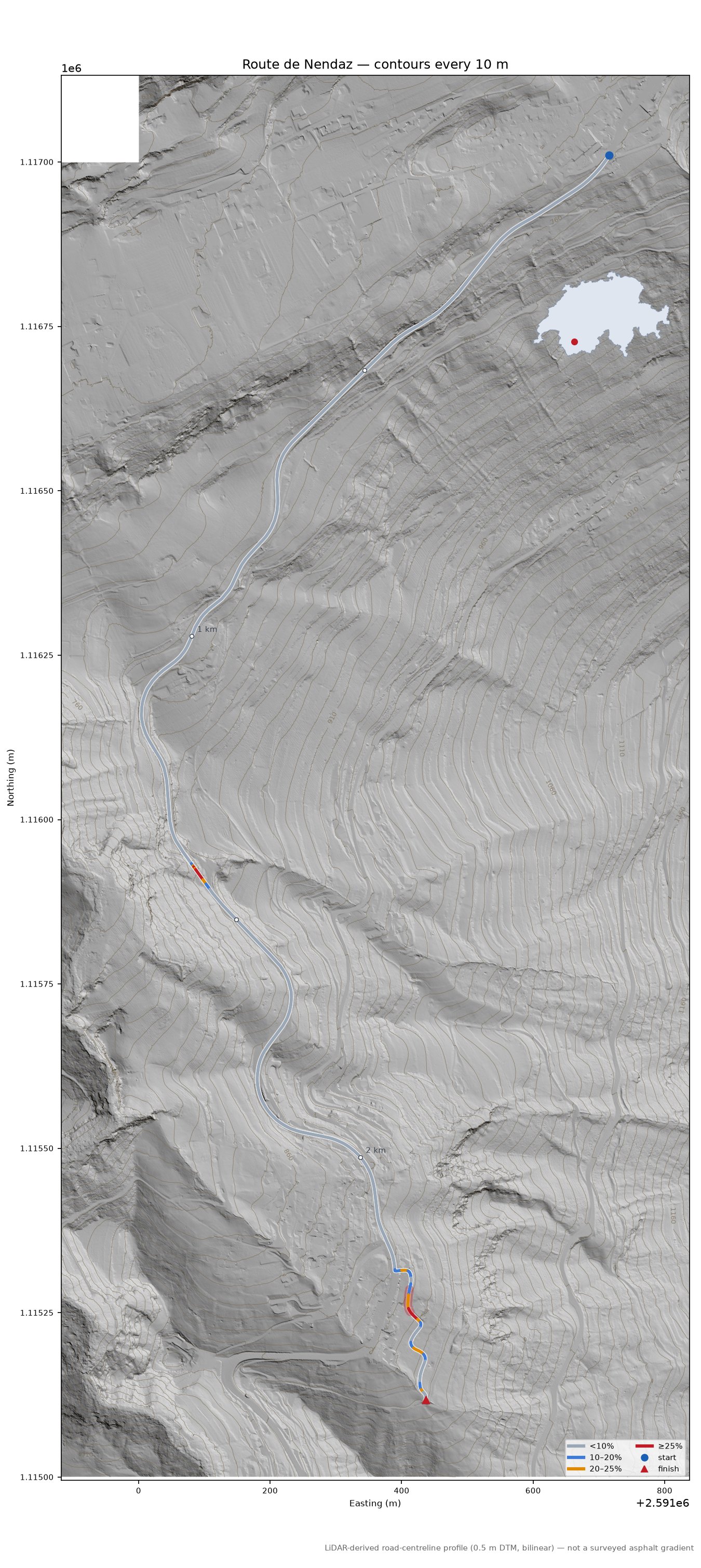 Route de Nendaz LiDAR hillshade map with contours
