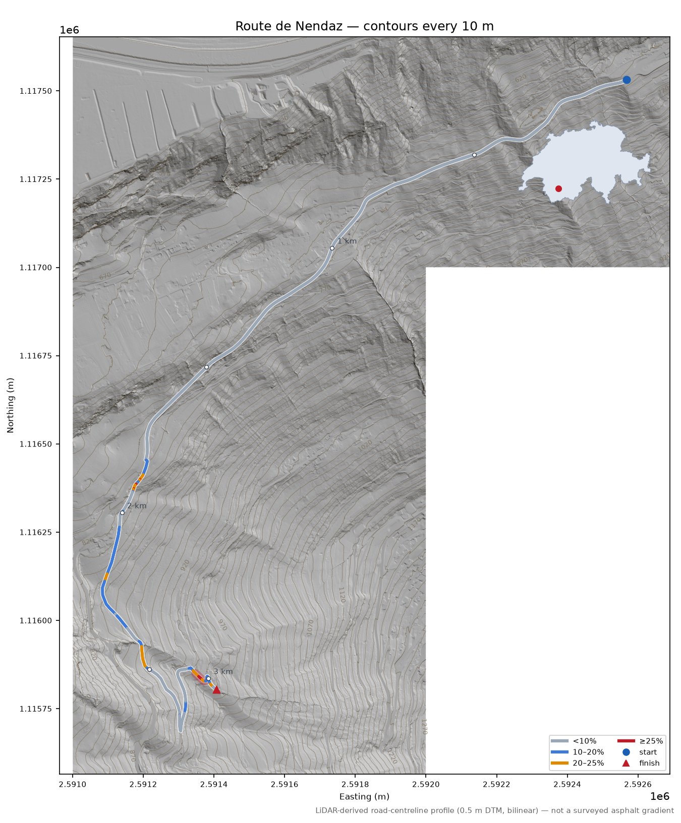 Route de Nendaz LiDAR hillshade map with contours