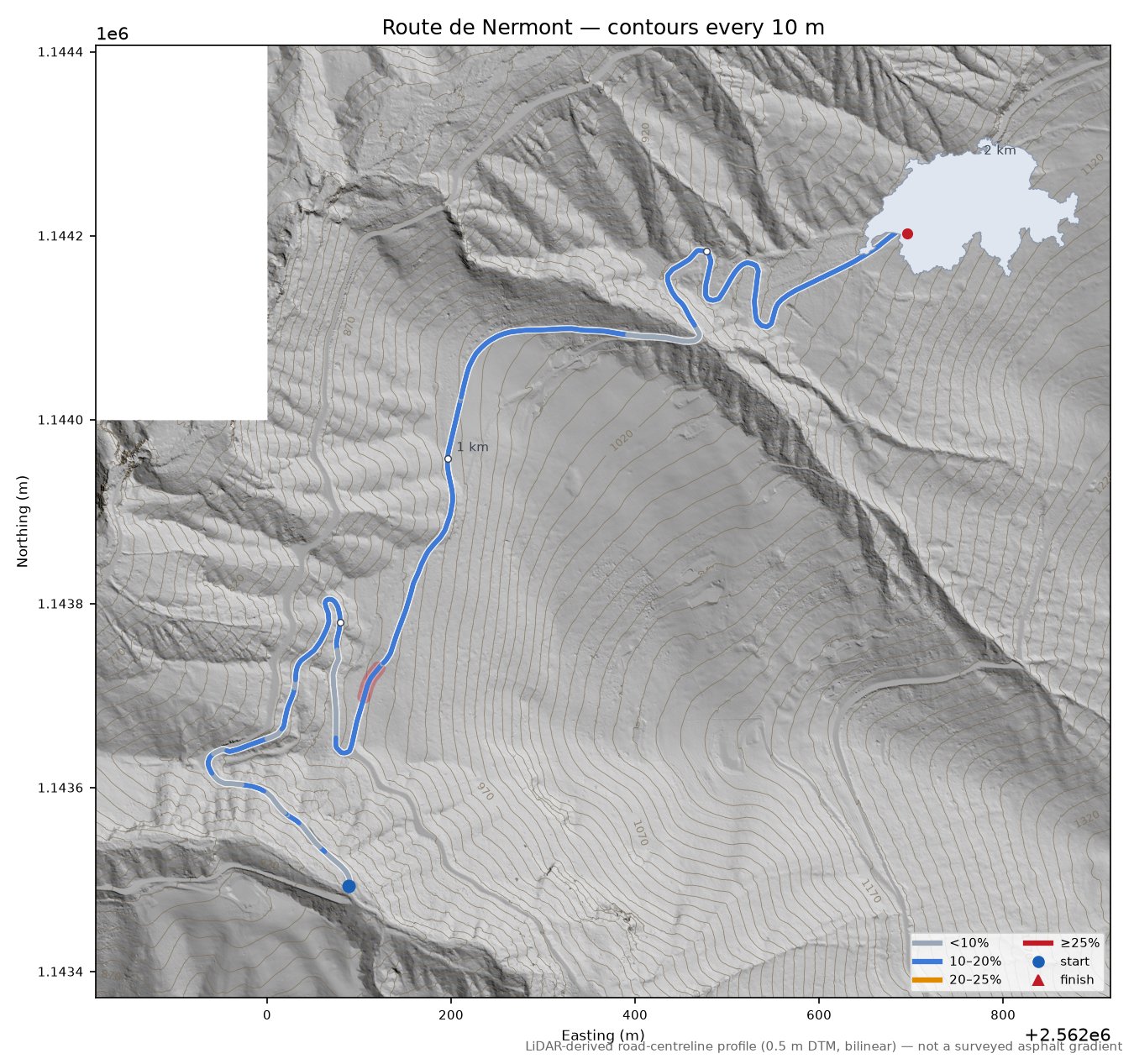 Route de Nermont LiDAR hillshade map with contours