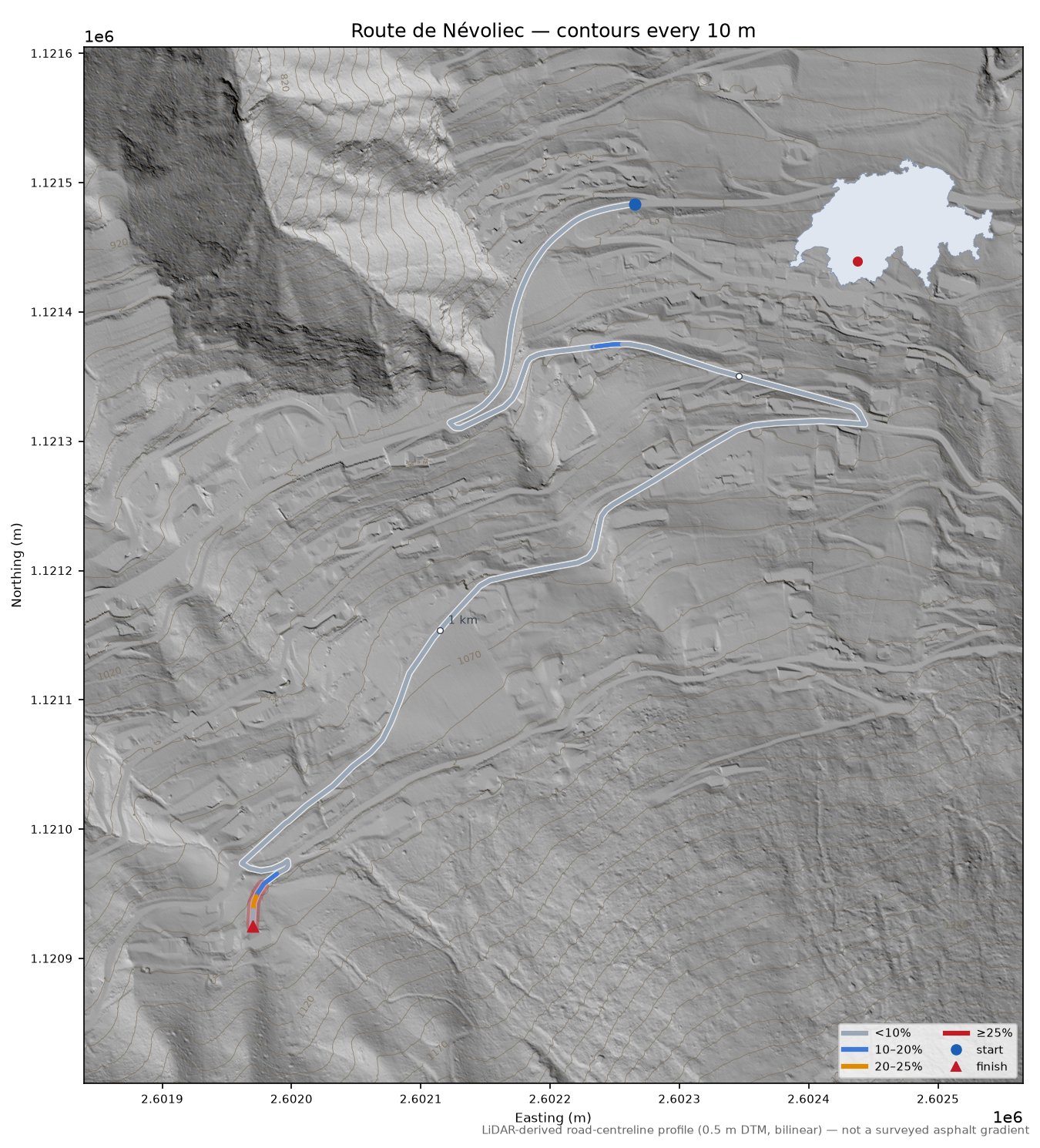 Route de Névoliec LiDAR hillshade map with contours