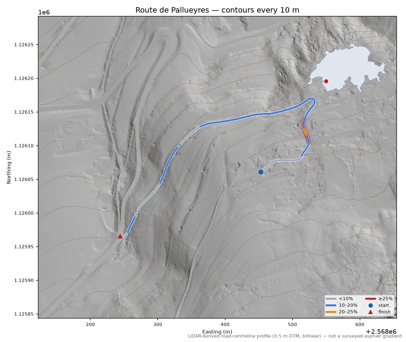 Route de Pallueyres LiDAR hillshade map with contours