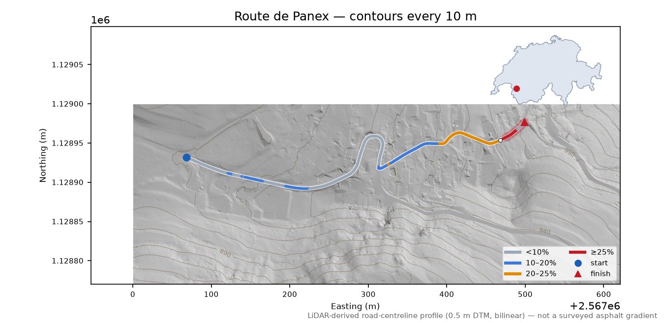 Route de Panex LiDAR hillshade map with contours