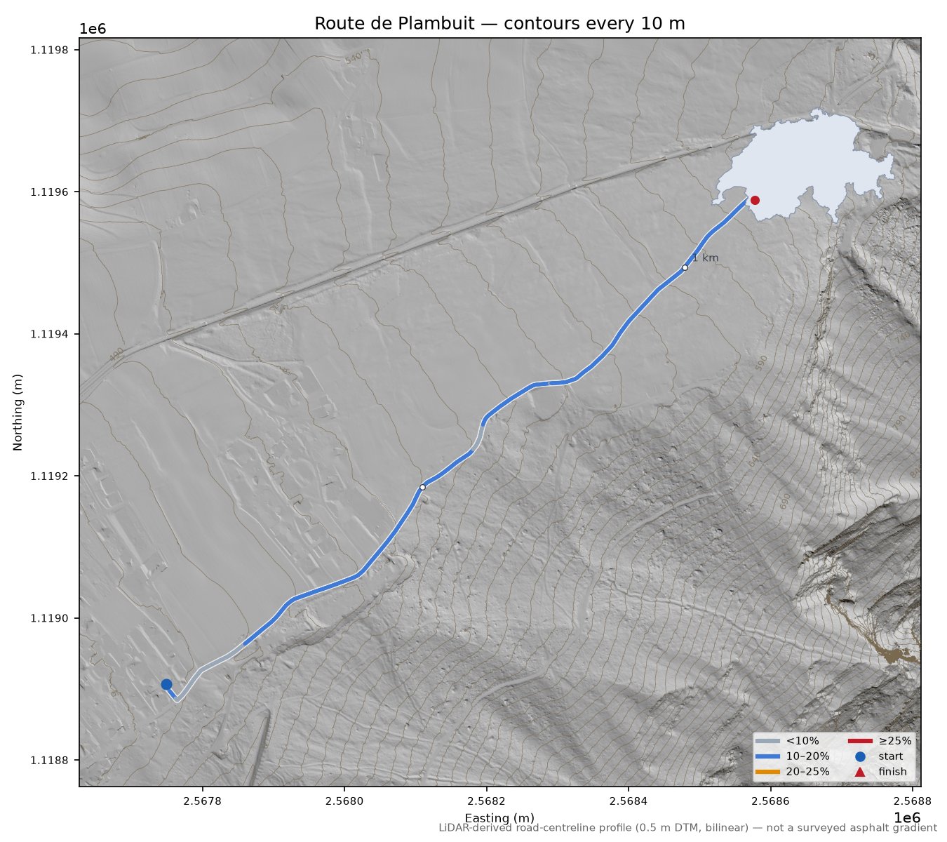 Route de Plambuit LiDAR hillshade map with contours